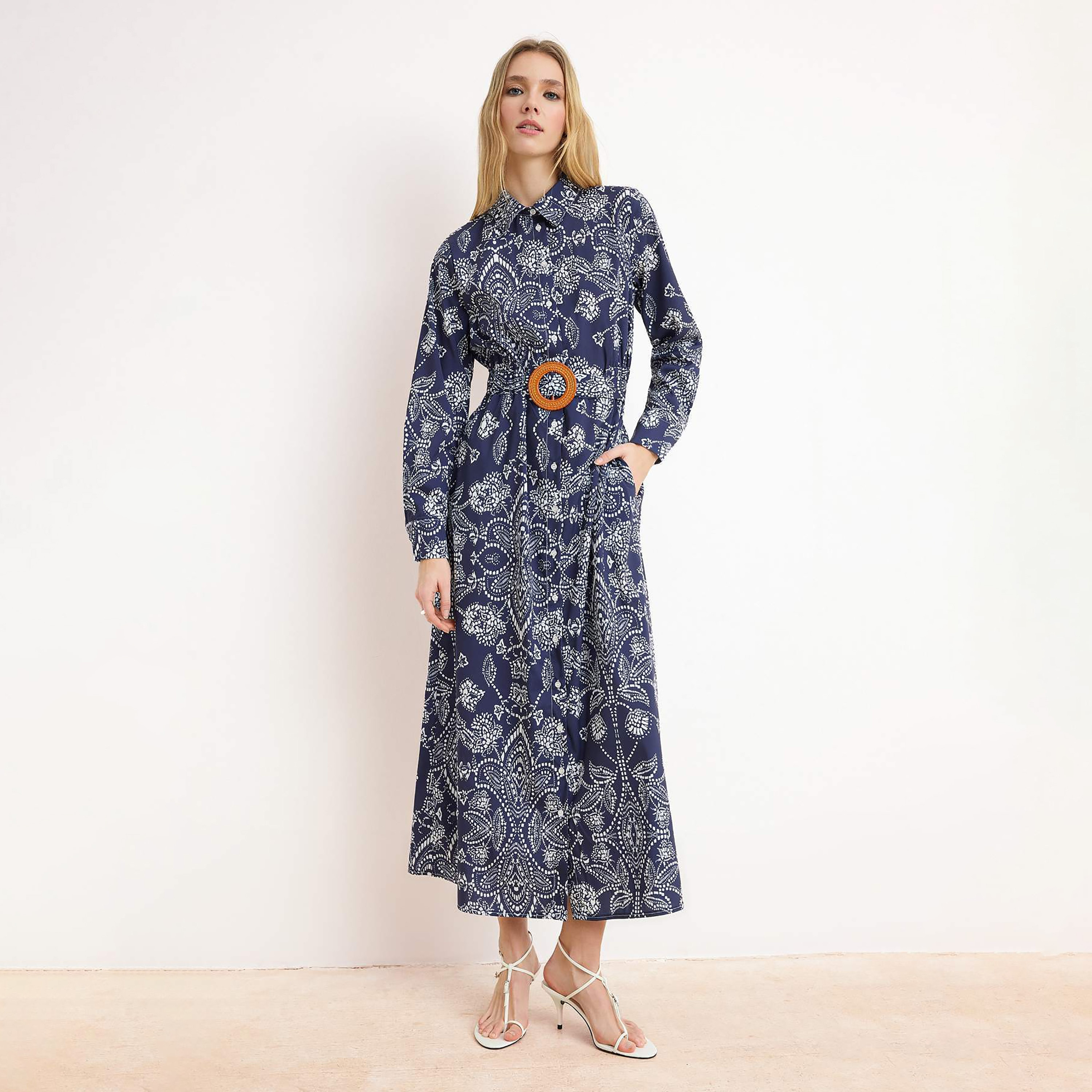 Trendyol Modest Blue Ethnic Print Terrycotton Collared Women's Maxi Shirt Dress-women-clothing-dresses-image-1