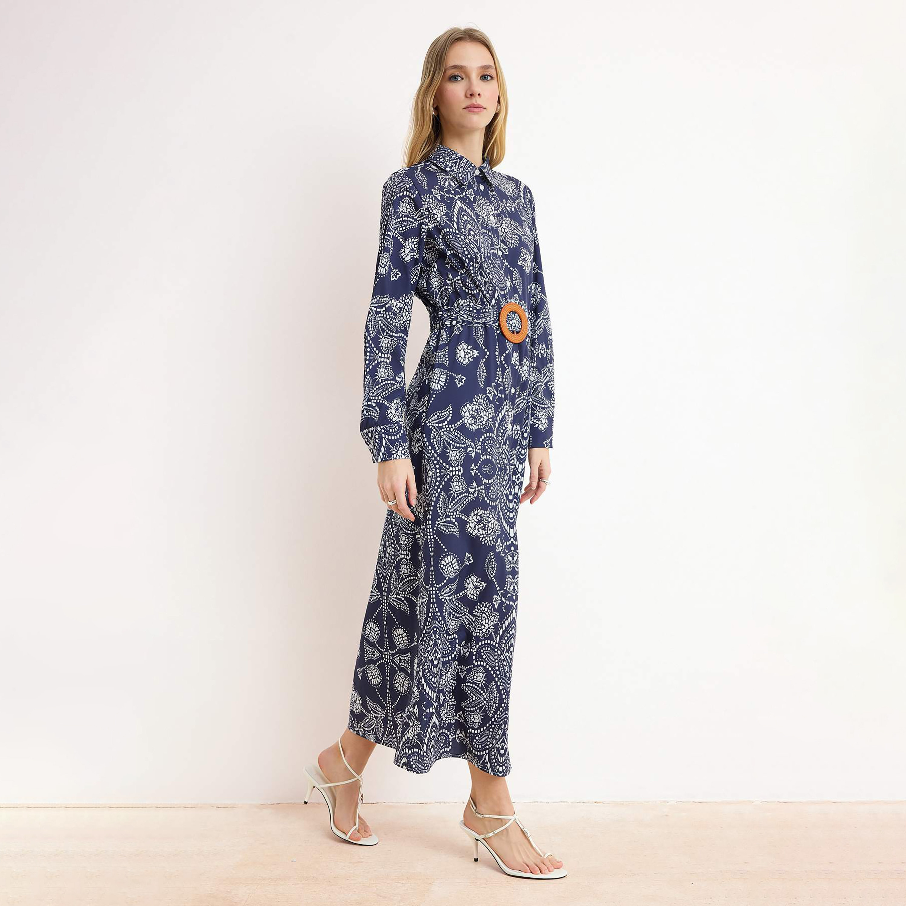 Trendyol Modest Blue Ethnic Print Terrycotton Collared Women's Maxi Shirt Dress-women-clothing-dresses-image-2
