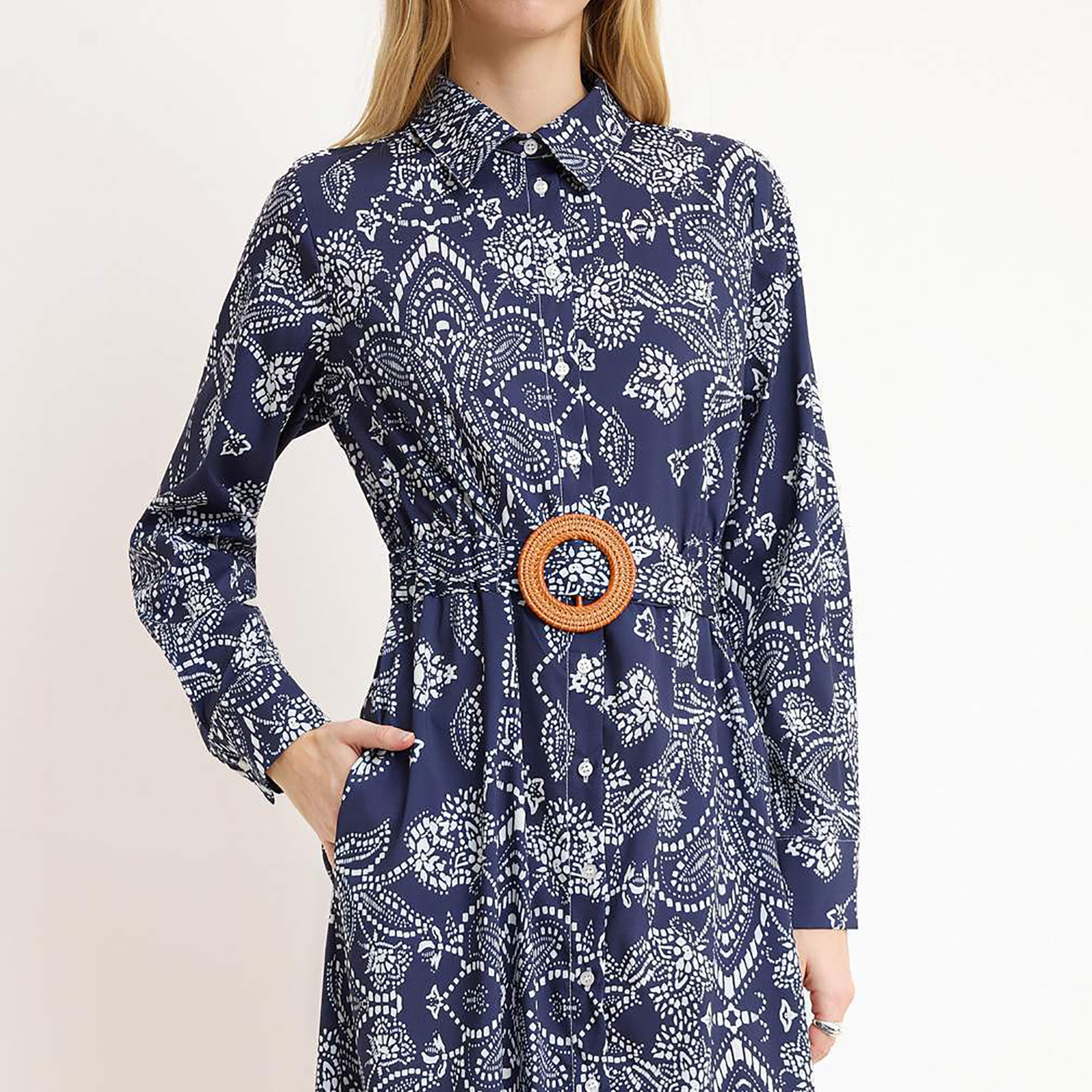 Trendyol Modest Blue Ethnic Print Terrycotton Collared Women's Maxi Shirt Dress-women-clothing-dresses-image-4