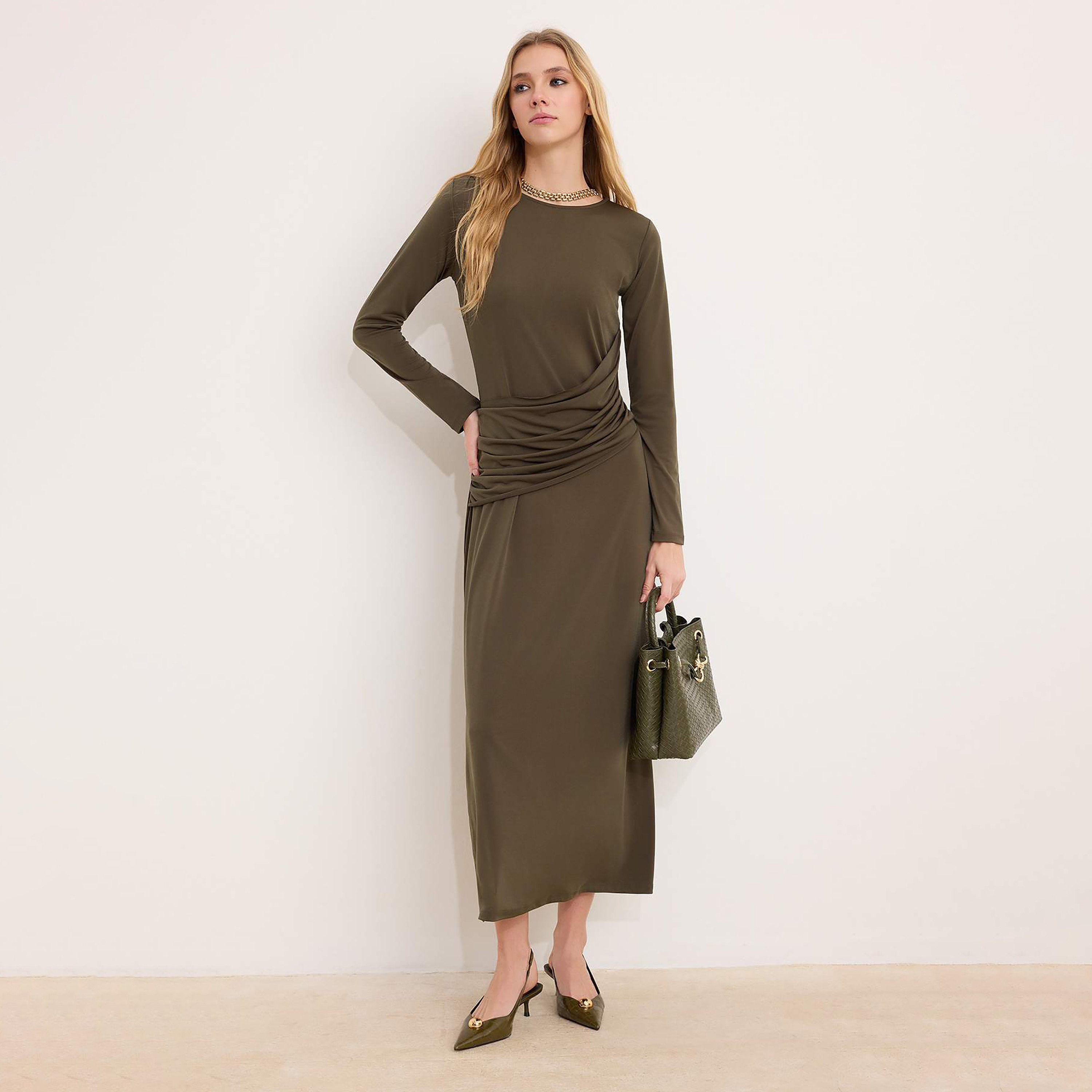 Trendyol Modest Green Drape Detailed Fitted Sleeves Sheath Women's Maxi Dress-women-clothing-dresses-image-1