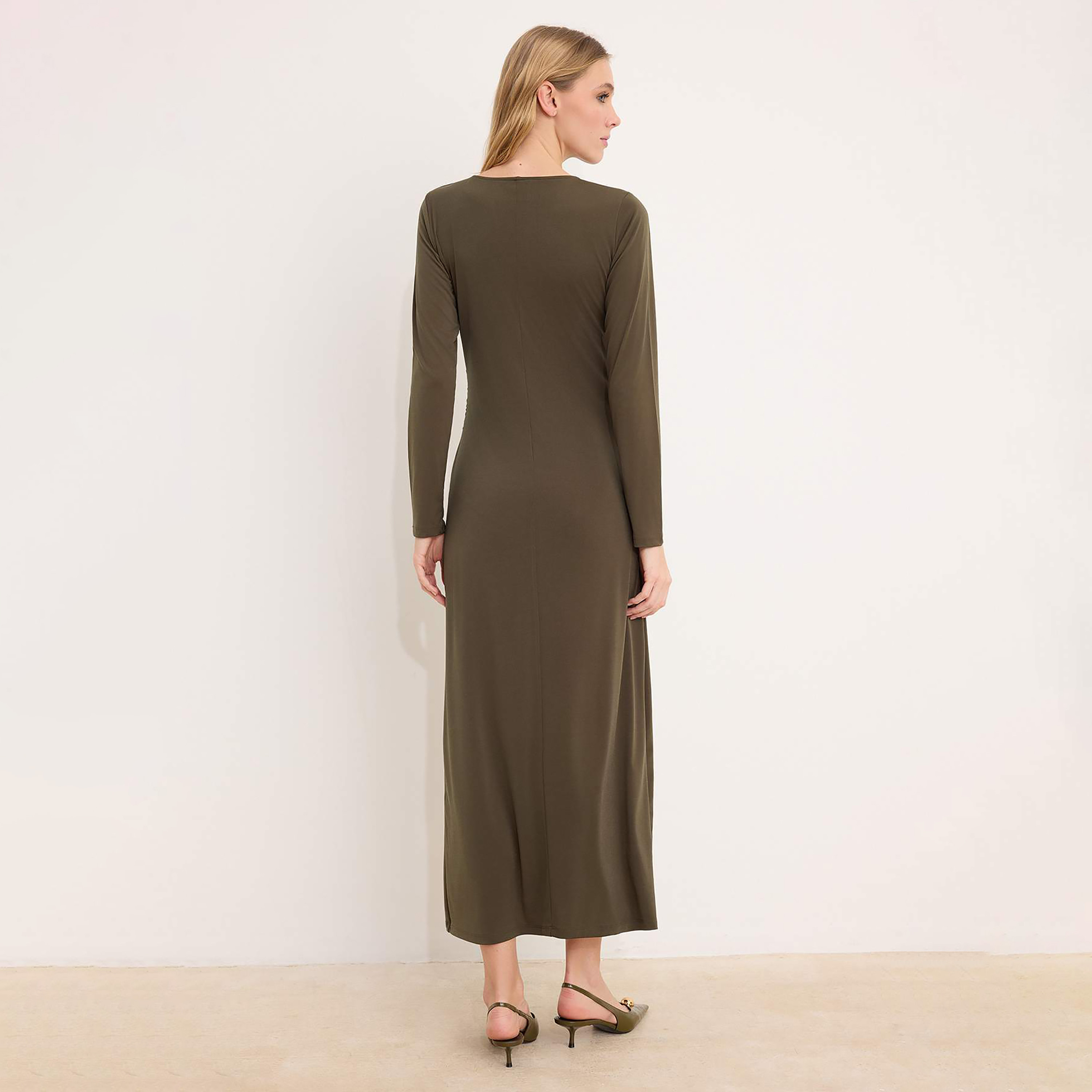 Trendyol Modest Green Drape Detailed Fitted Sleeves Sheath Women's Maxi Dress-women-clothing-dresses-image-3
