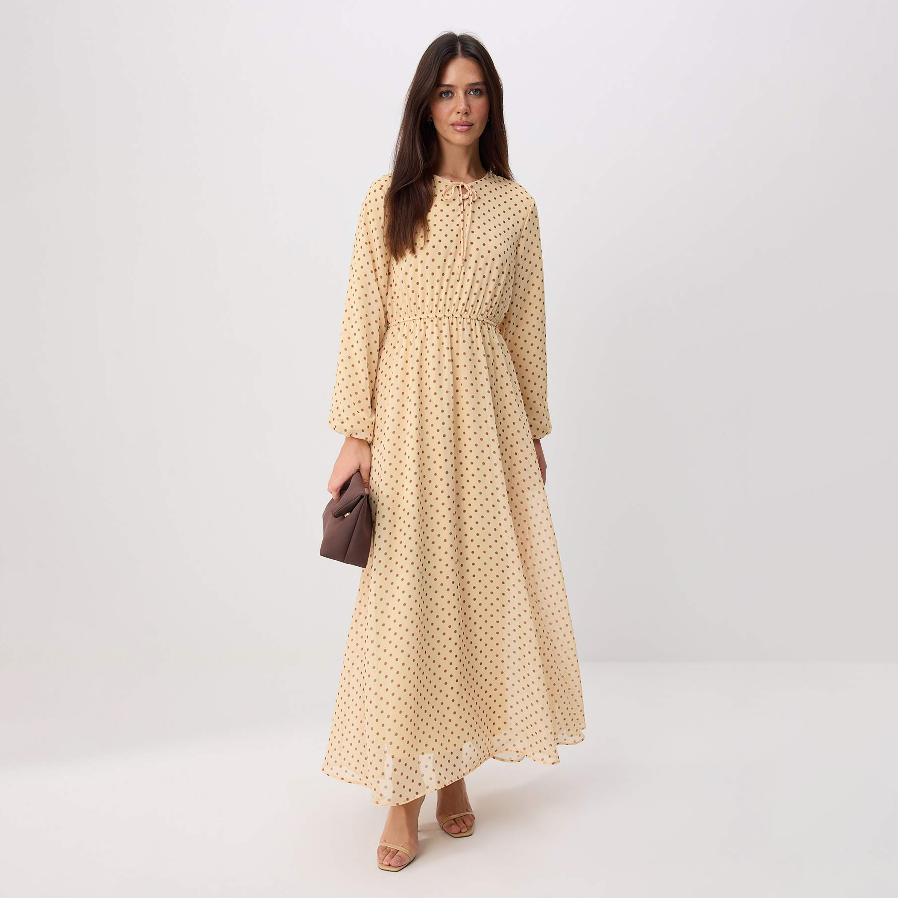 Trendyol Modest Yellow Polka Dot Elastic Cuffed Fit & Flared Women's Maxi Dress-women-clothing-dresses-image-1