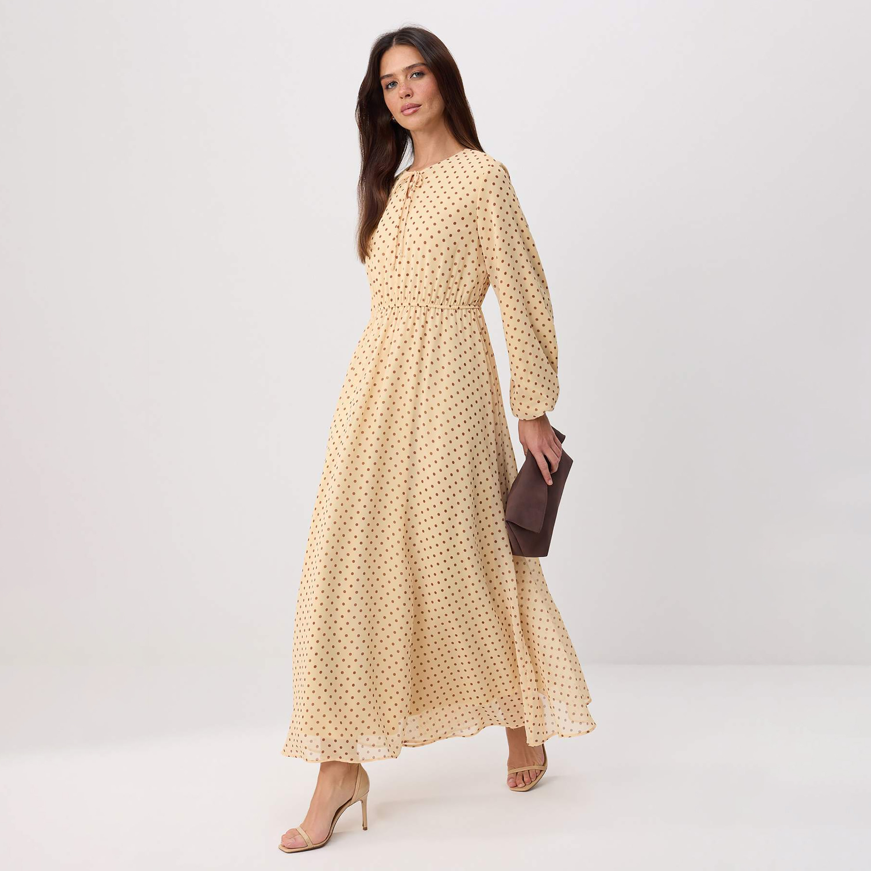 Trendyol Modest Yellow Polka Dot Elastic Cuffed Fit & Flared Women's Maxi Dress-women-clothing-dresses-image-2