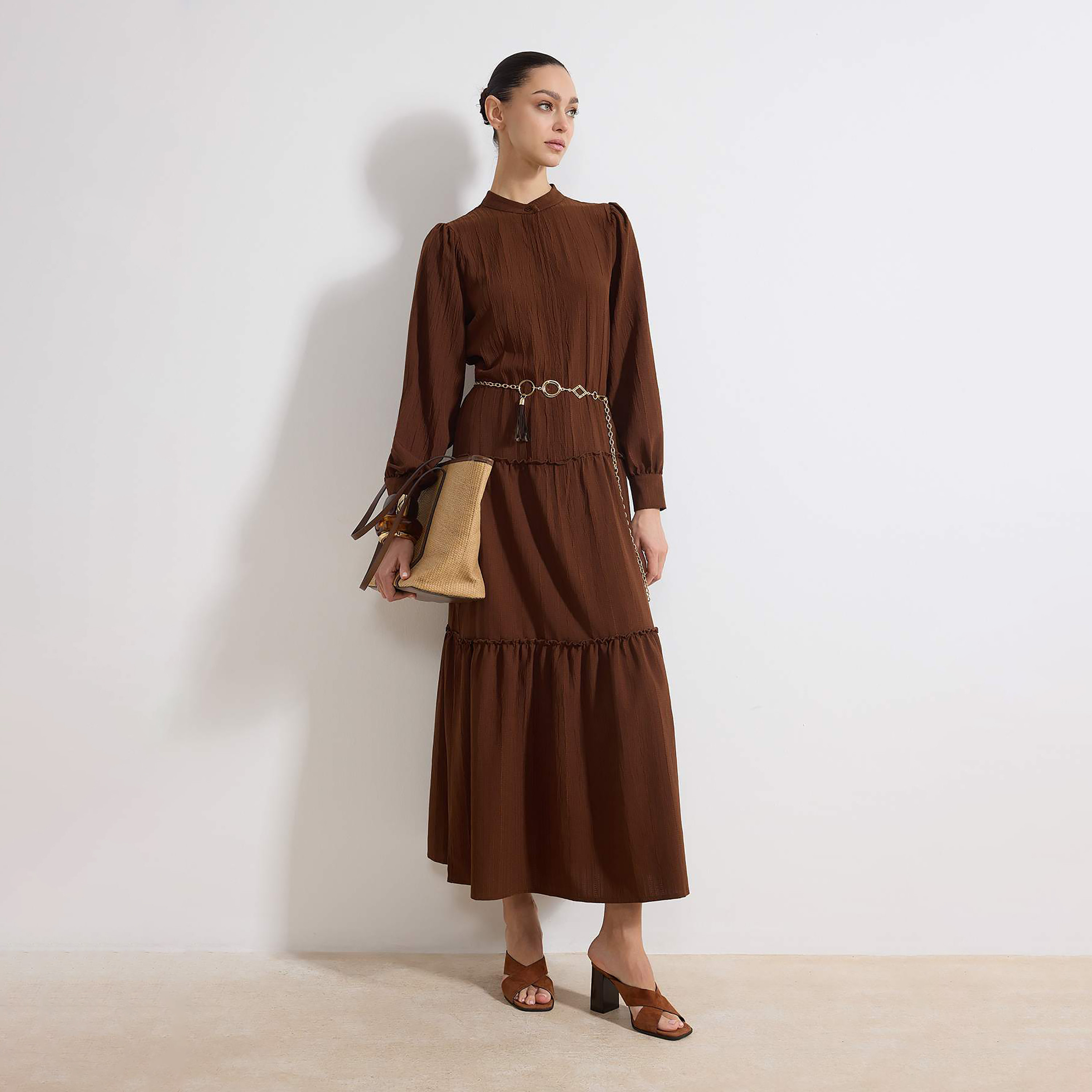 Trendyol Modest Brown Textured Band Collar Tiered Women's Maxi Dress-women-clothing-dresses-image-1