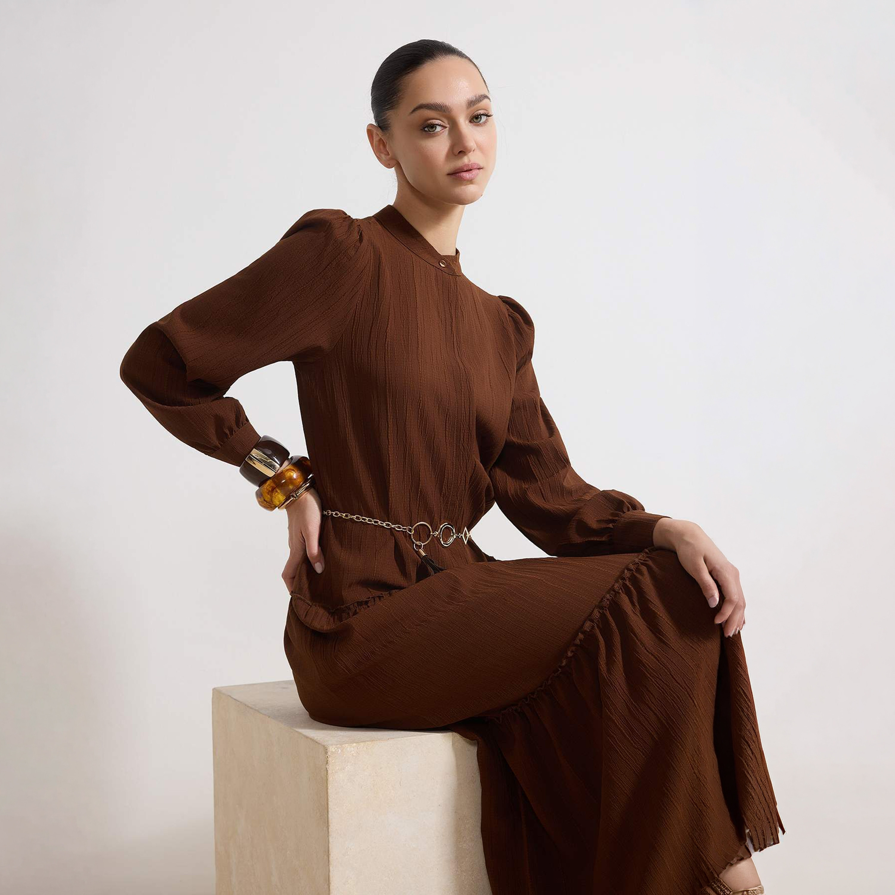 Trendyol Modest Brown Textured Band Collar Tiered Women's Maxi Dress-women-clothing-dresses-image-2
