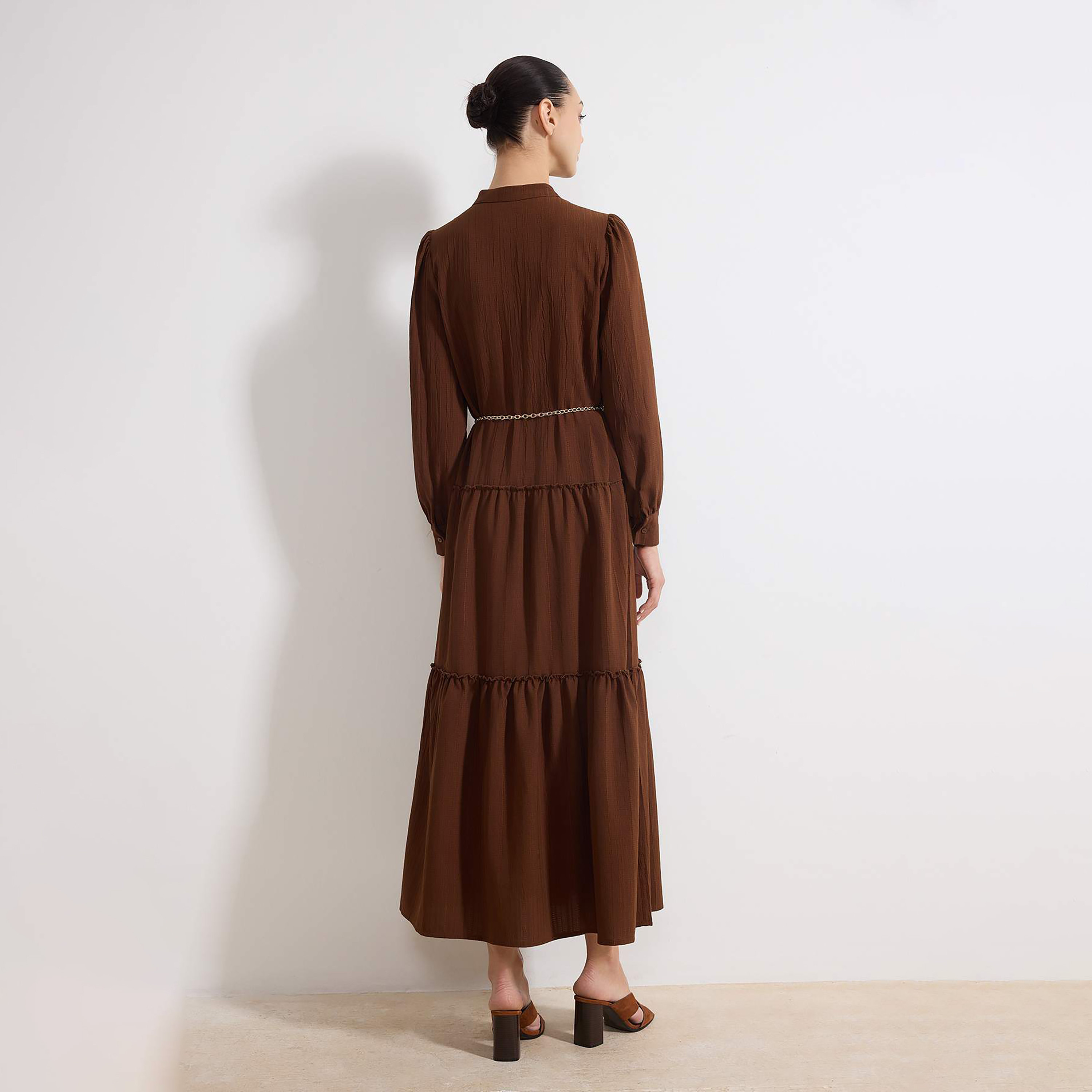 Trendyol Modest Brown Textured Band Collar Tiered Women's Maxi Dress-women-clothing-dresses-image-3