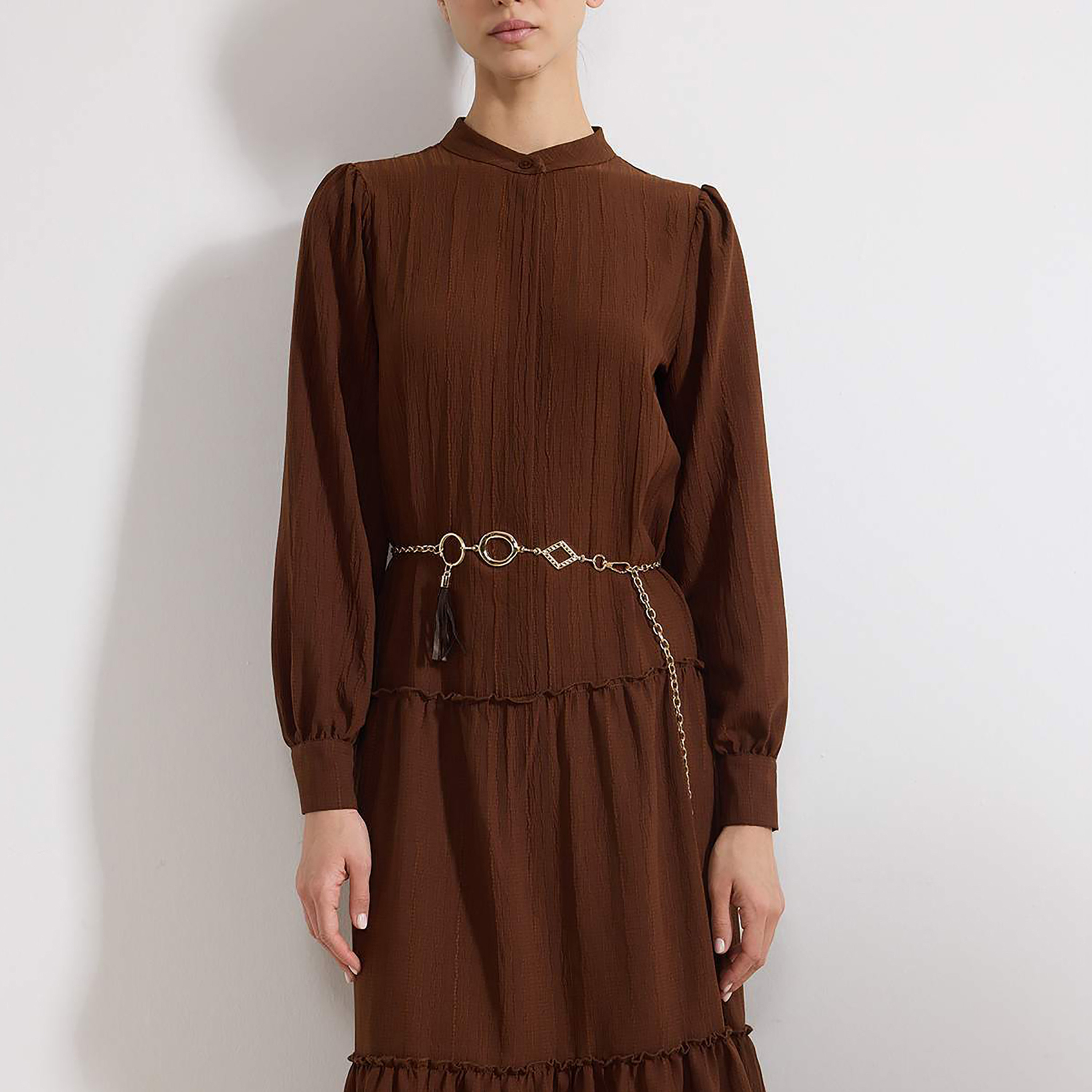 Trendyol Modest Brown Textured Band Collar Tiered Women's Maxi Dress-women-clothing-dresses-image-4