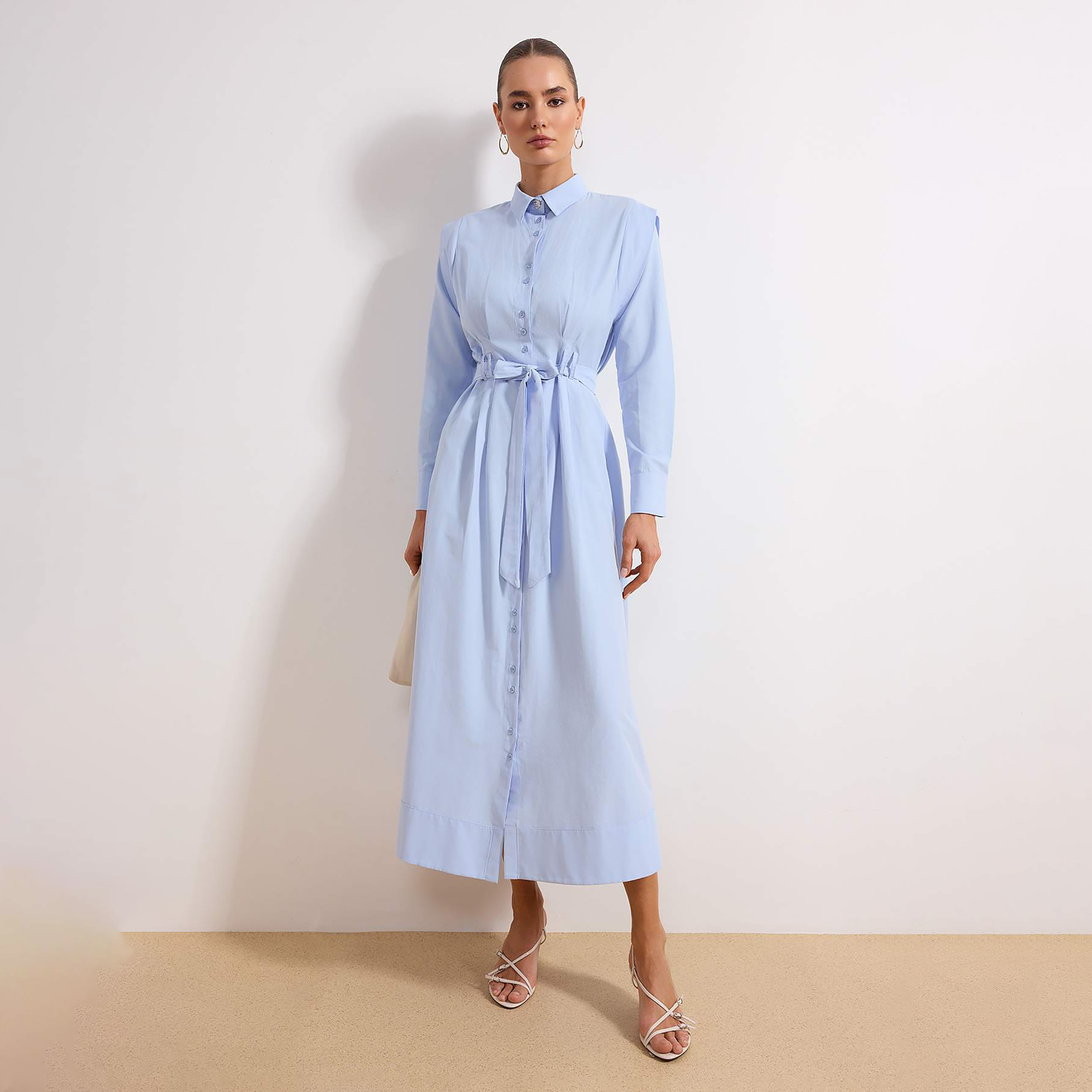 Trendyol Modest Blue Cotton Collared Women's Maxi Shirt Dress-women-clothing-dresses-image-1