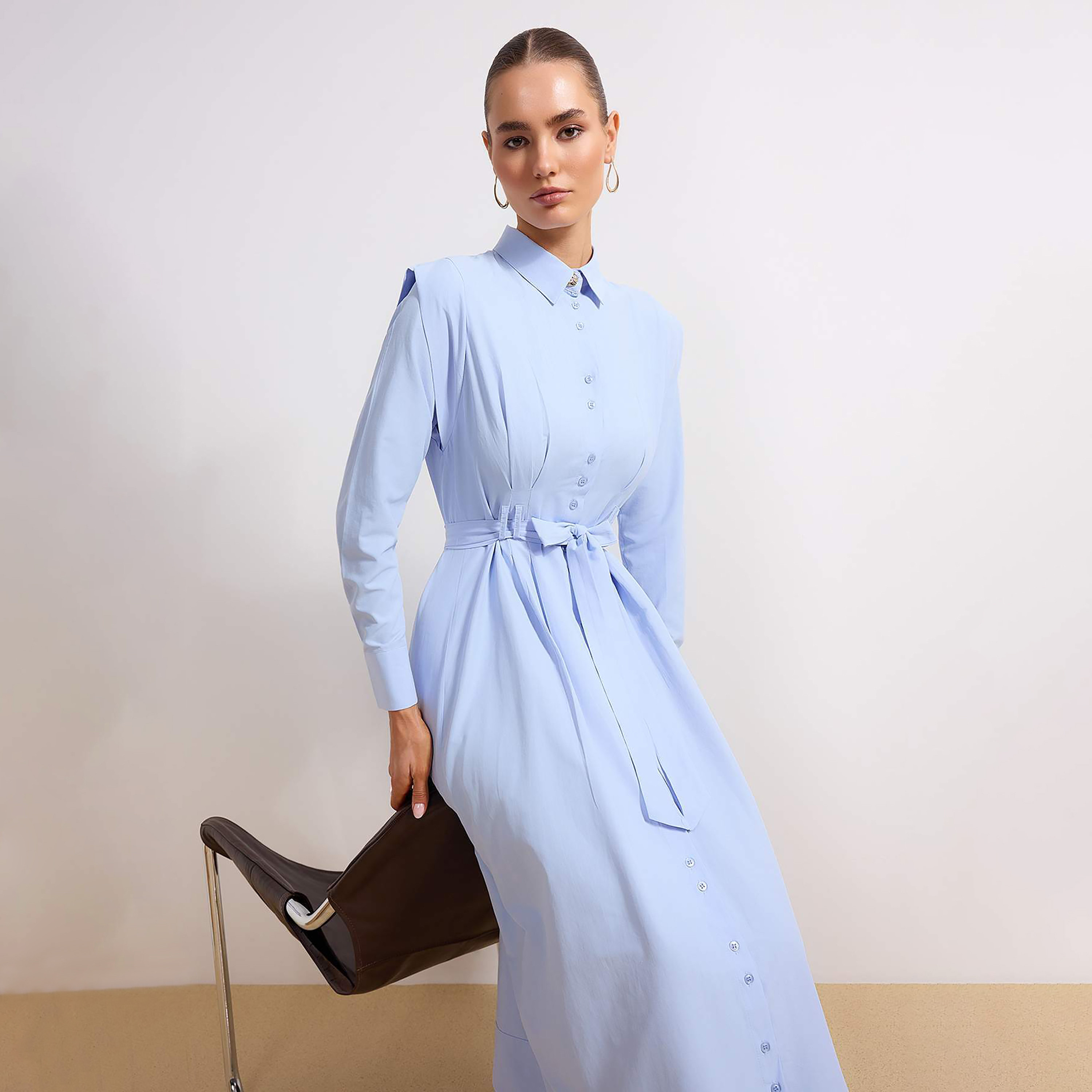Trendyol Modest Blue Cotton Collared Women's Maxi Shirt Dress-women-clothing-dresses-image-2
