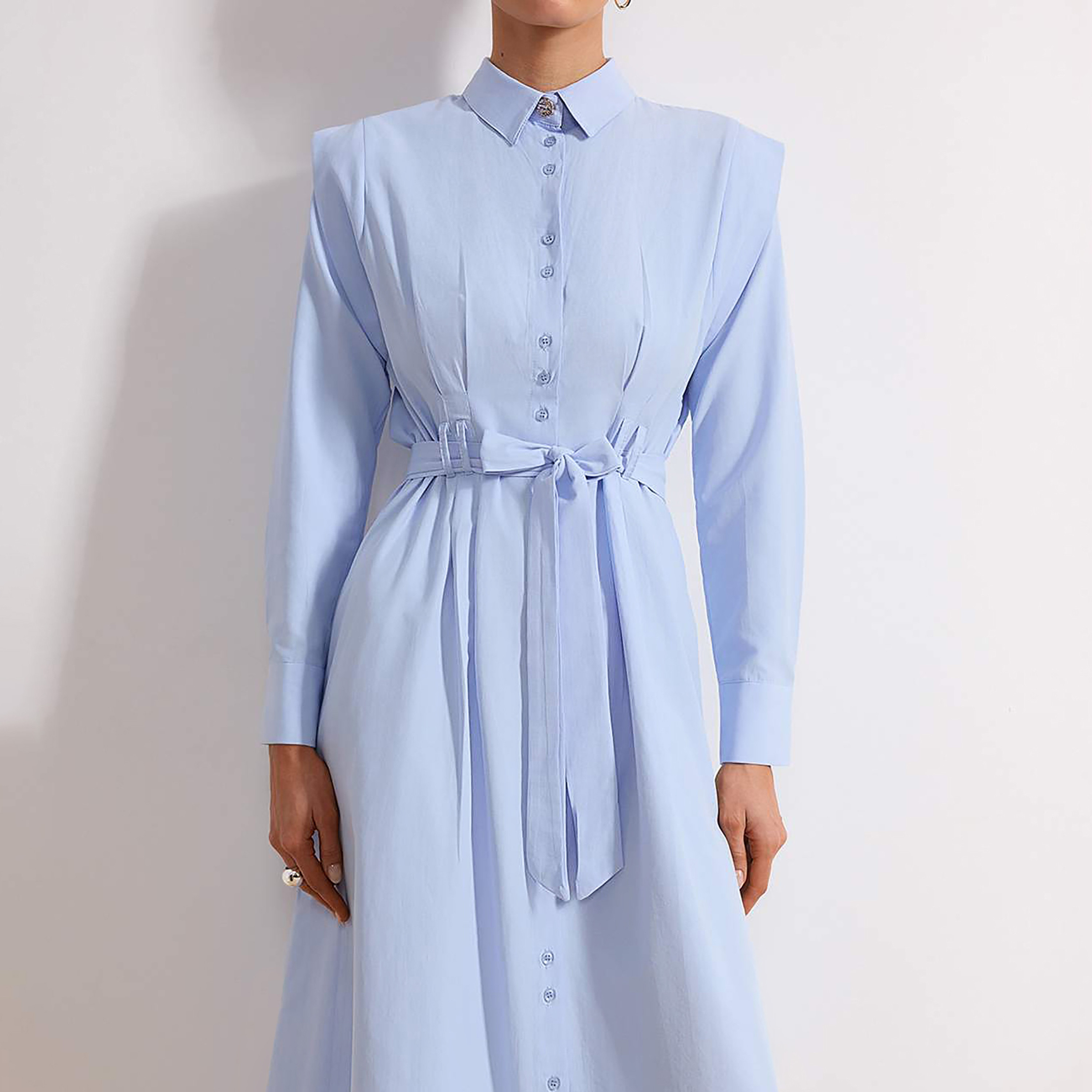 Trendyol Modest Blue Cotton Collared Women's Maxi Shirt Dress-women-clothing-dresses-image-4