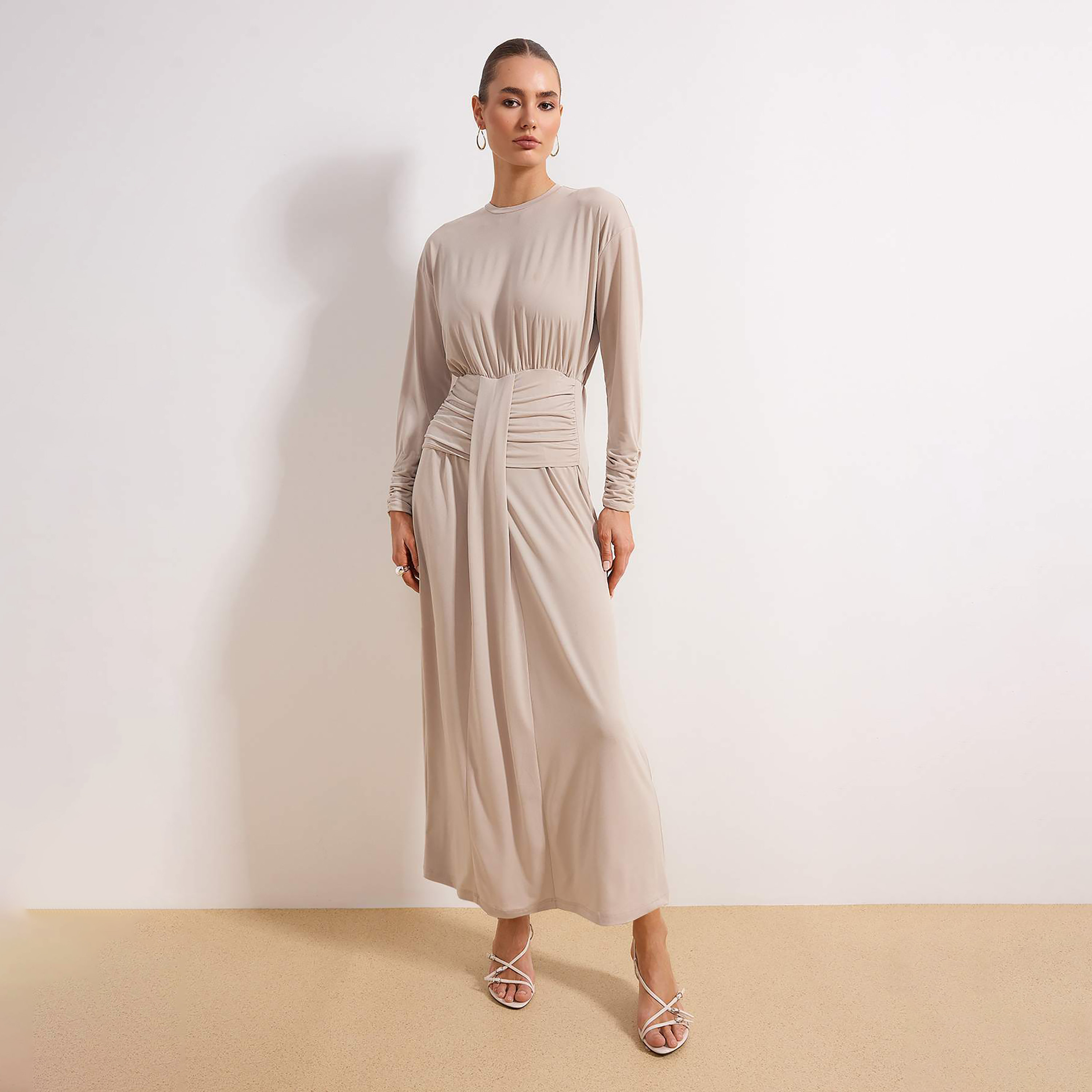 Trendyol Modest Beige Ruched Women's Maxi Dress-women-clothing-dresses-image-1