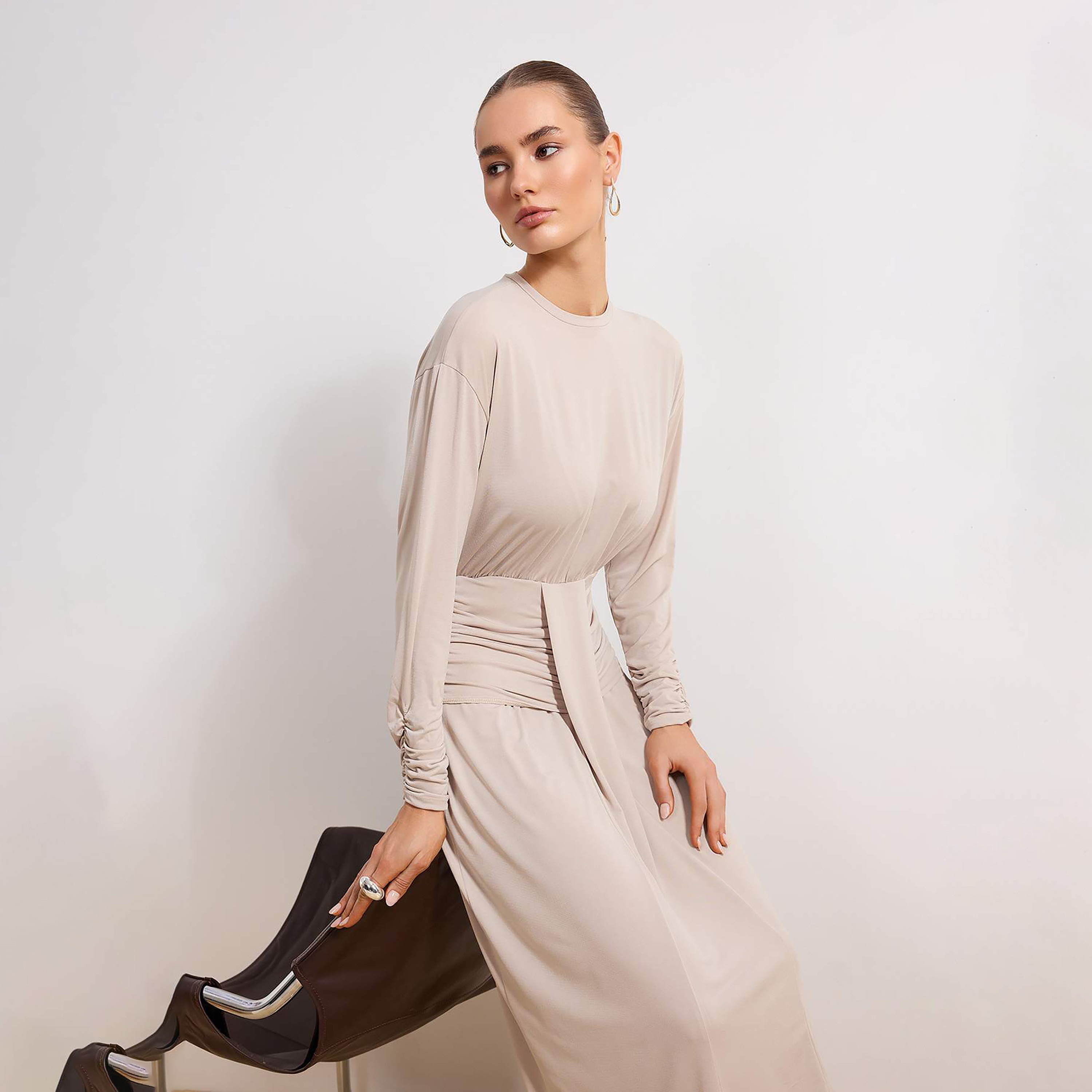 Trendyol Modest Beige Ruched Women's Maxi Dress-women-clothing-dresses-image-2