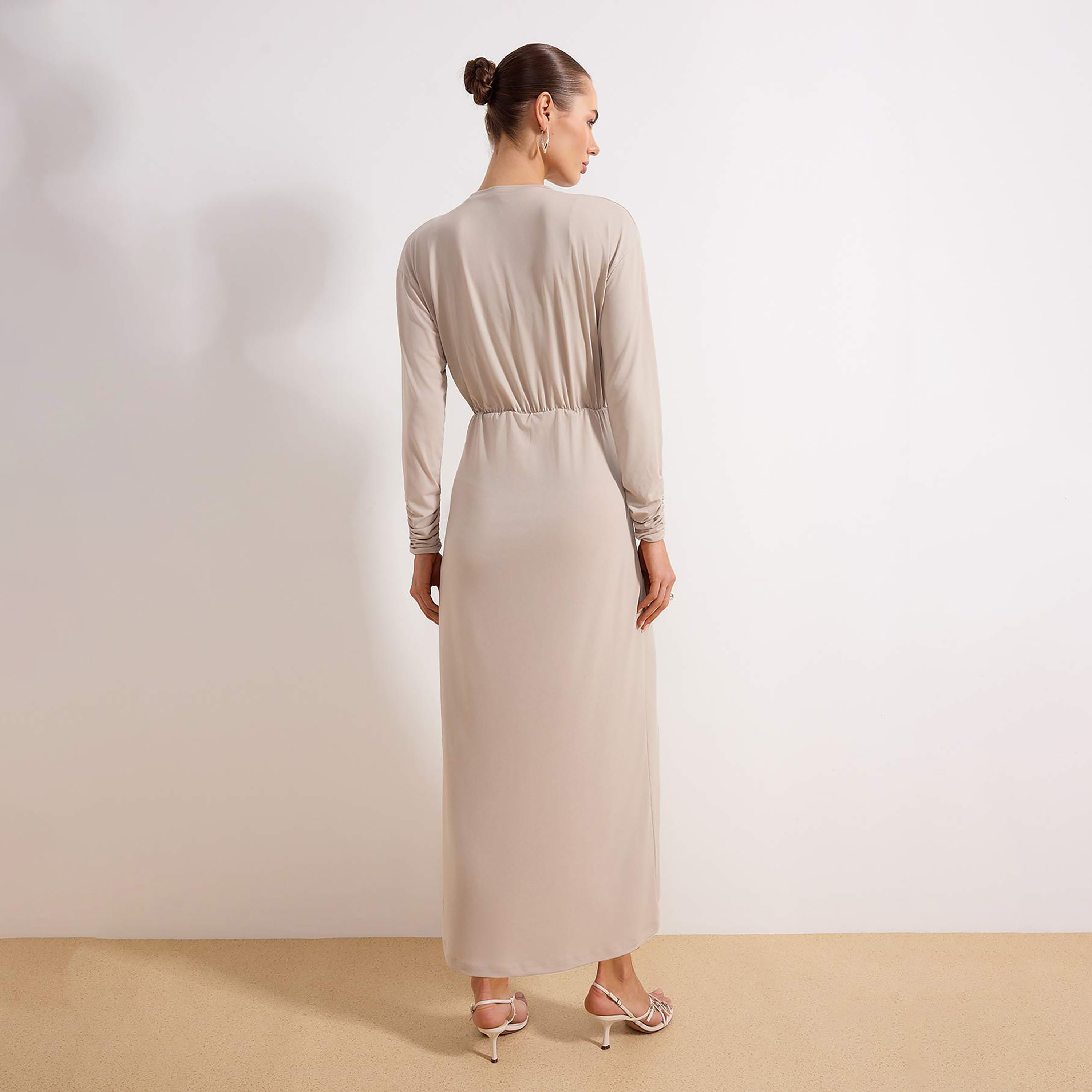 Trendyol Modest Beige Ruched Women's Maxi Dress-women-clothing-dresses-image-3