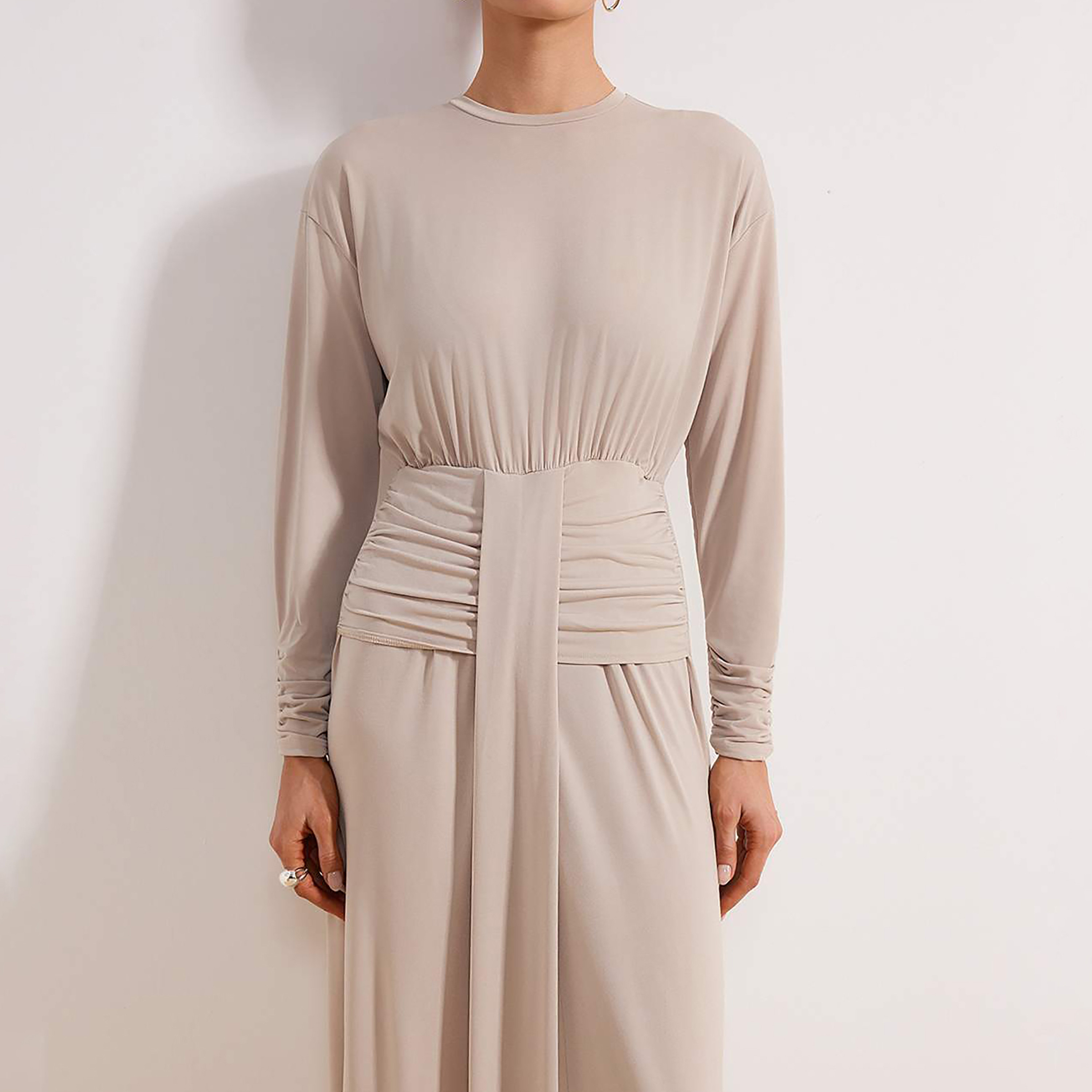Trendyol Modest Beige Ruched Women's Maxi Dress-women-clothing-dresses-image-4