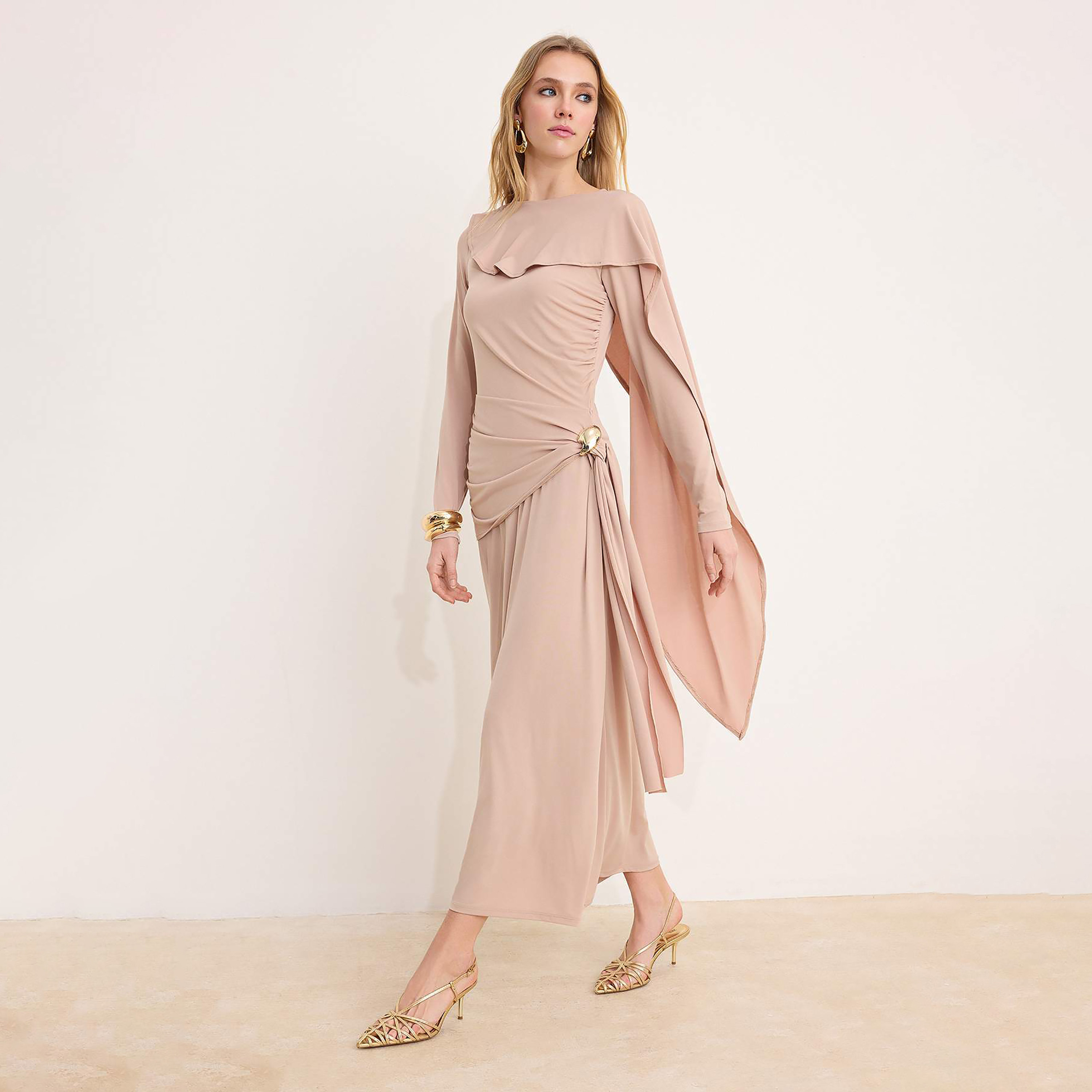 Trendyol Modest Beige Fitted Sleeves Column Evening Women's Maxi Dress-women-clothing-dresses-image-1