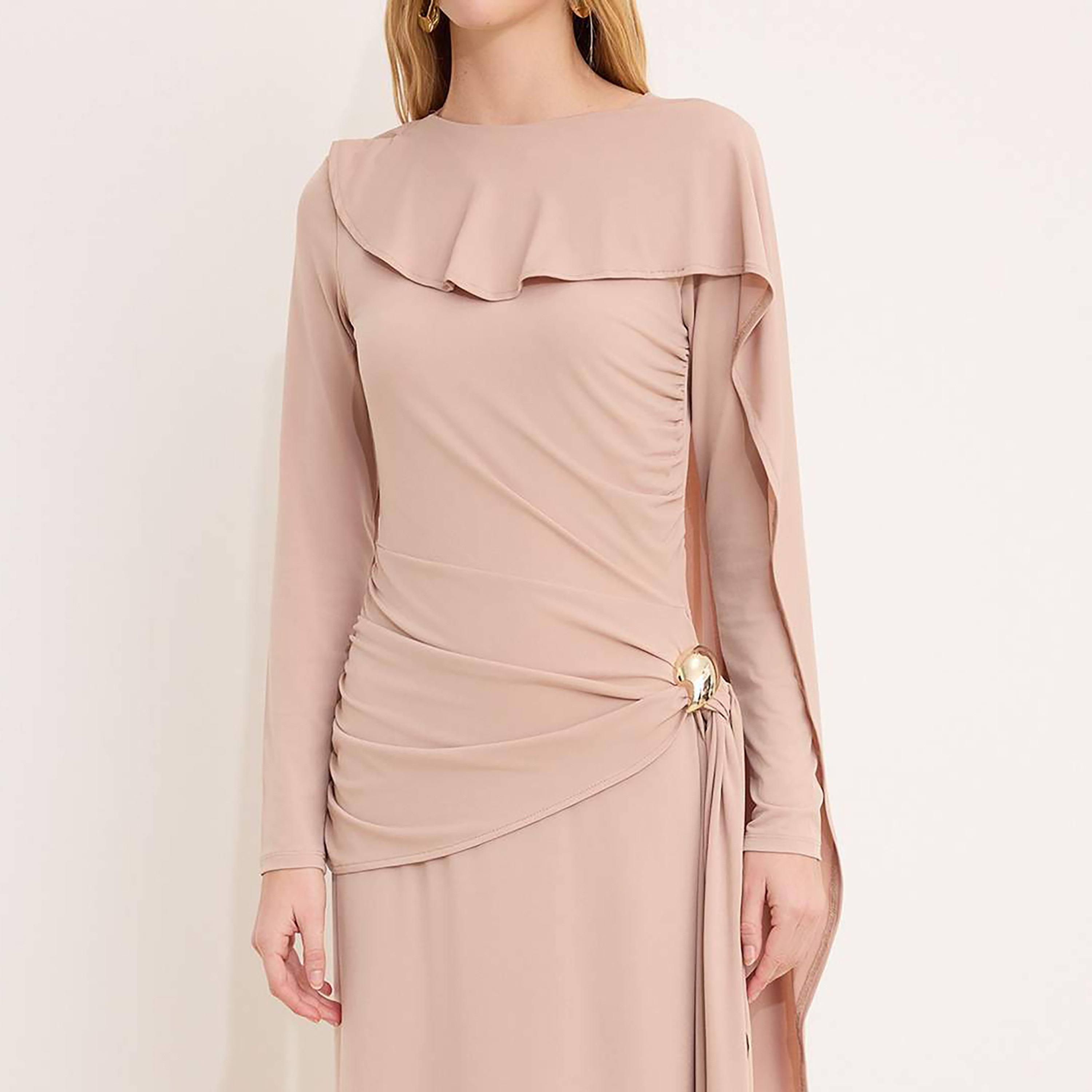 Trendyol Modest Beige Fitted Sleeves Column Evening Women's Maxi Dress-women-clothing-dresses-image-4
