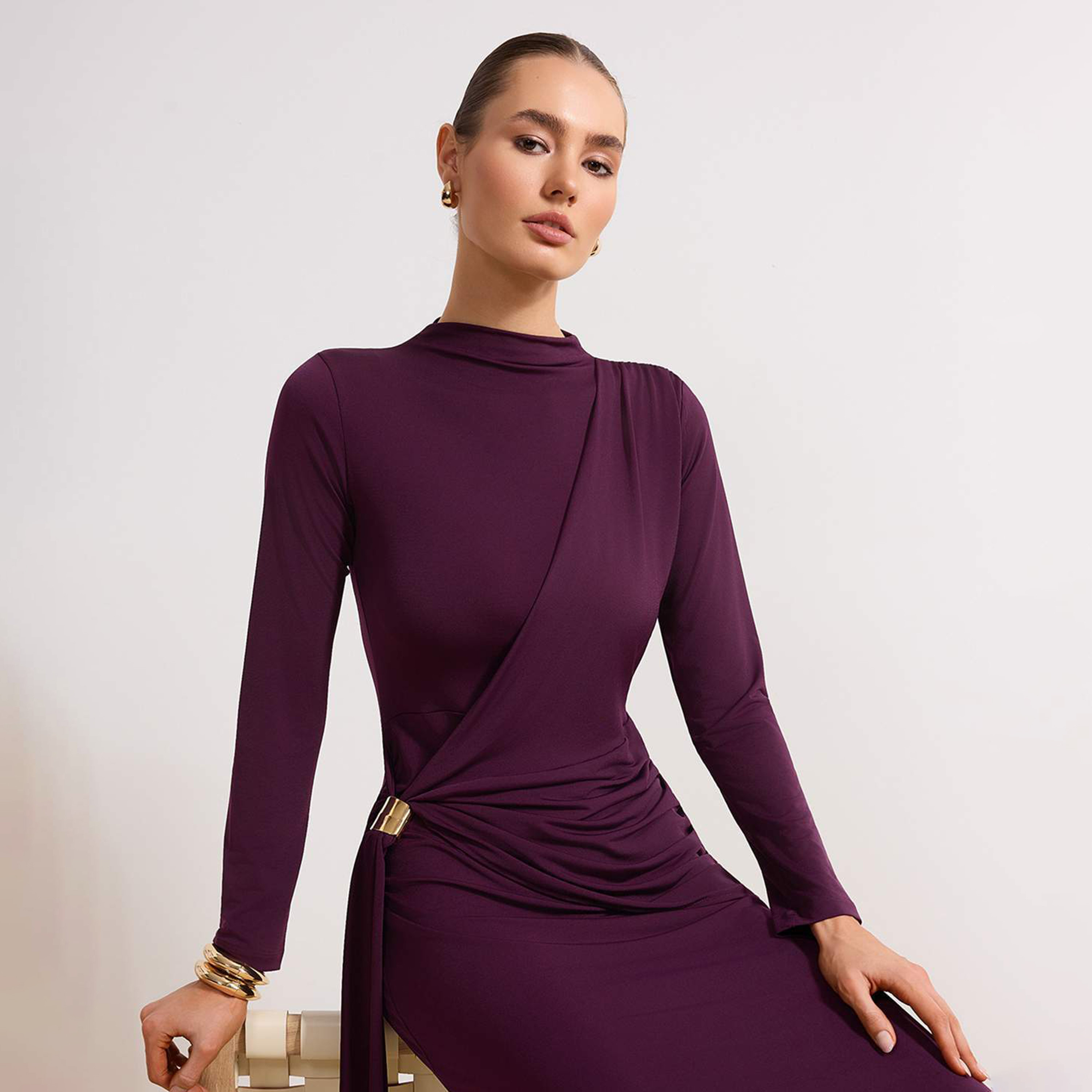 Trendyol Modest Purple Mock Neck Fitted Sleeves Column Evening Women's Maxi Dress-women-clothing-dresses-image-2