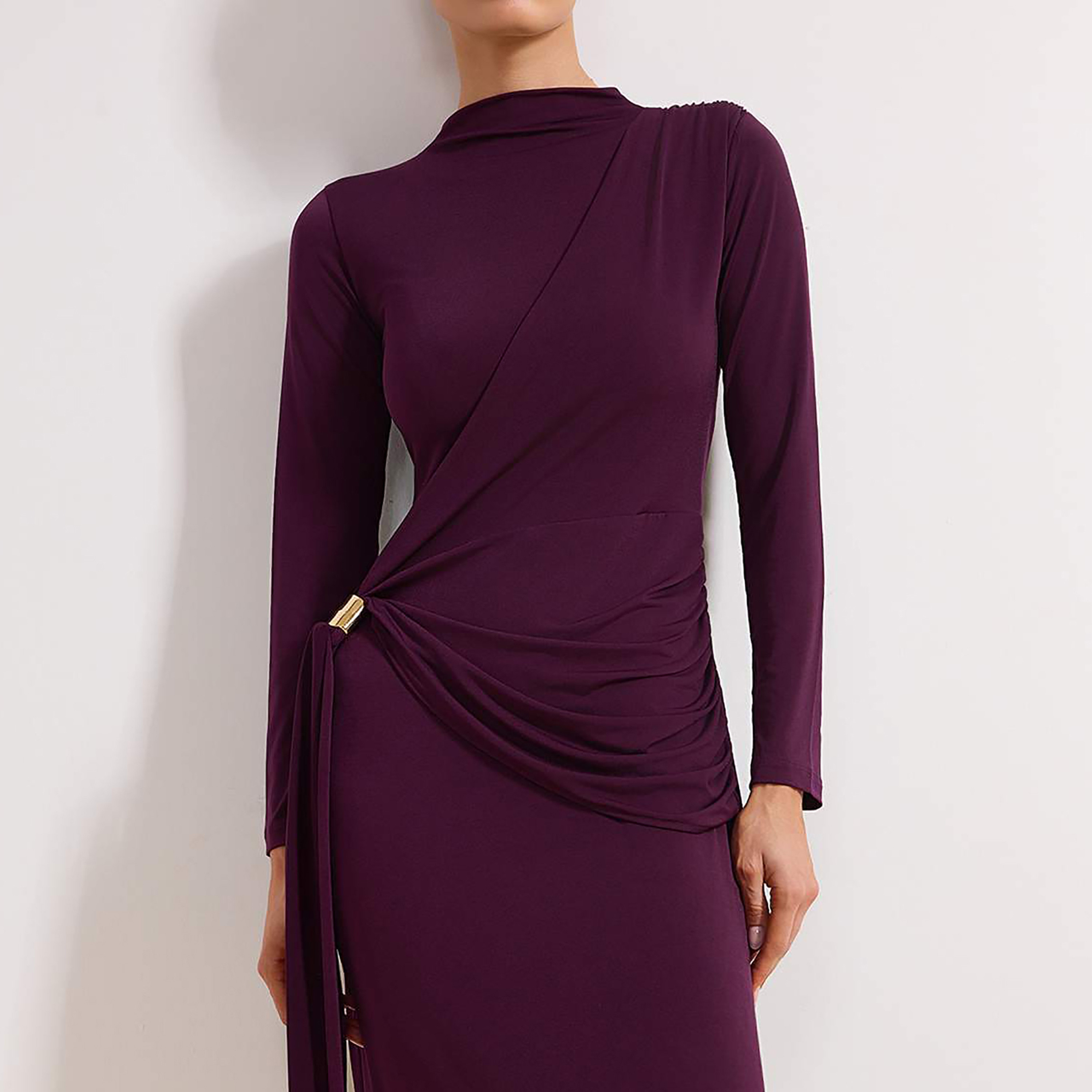 Trendyol Modest Purple Mock Neck Fitted Sleeves Column Evening Women's Maxi Dress-women-clothing-dresses-image-4