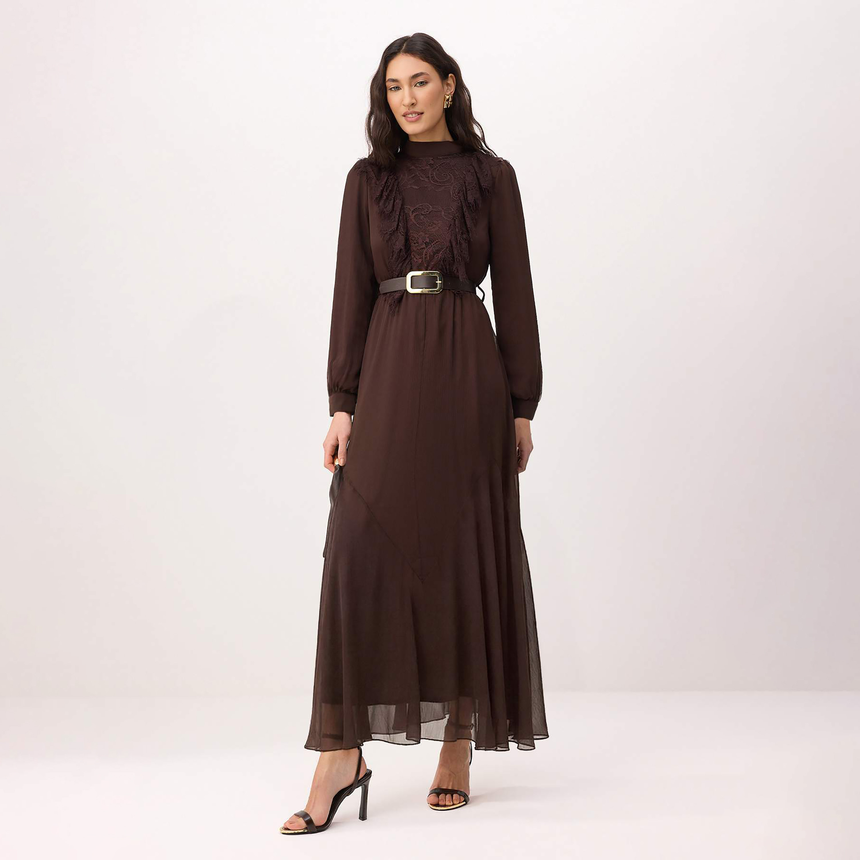 Trendyol Modest Brown Lace Detailed Silk Chiffon High Neck Fit & Flared Women's Maxi Dress-women-clothing-dresses-image-1
