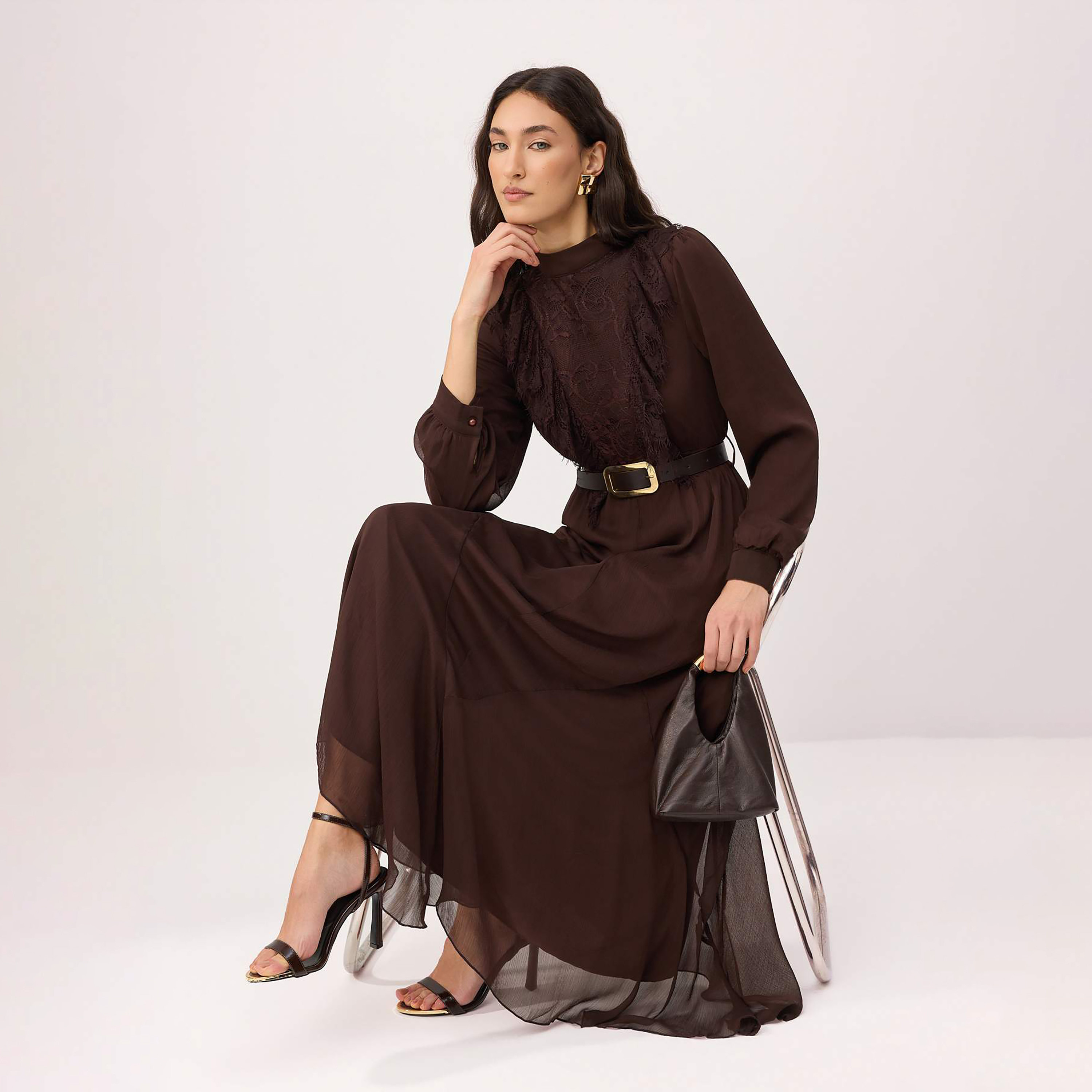 Trendyol Modest Brown Lace Detailed Silk Chiffon High Neck Fit & Flared Women's Maxi Dress-women-clothing-dresses-image-2