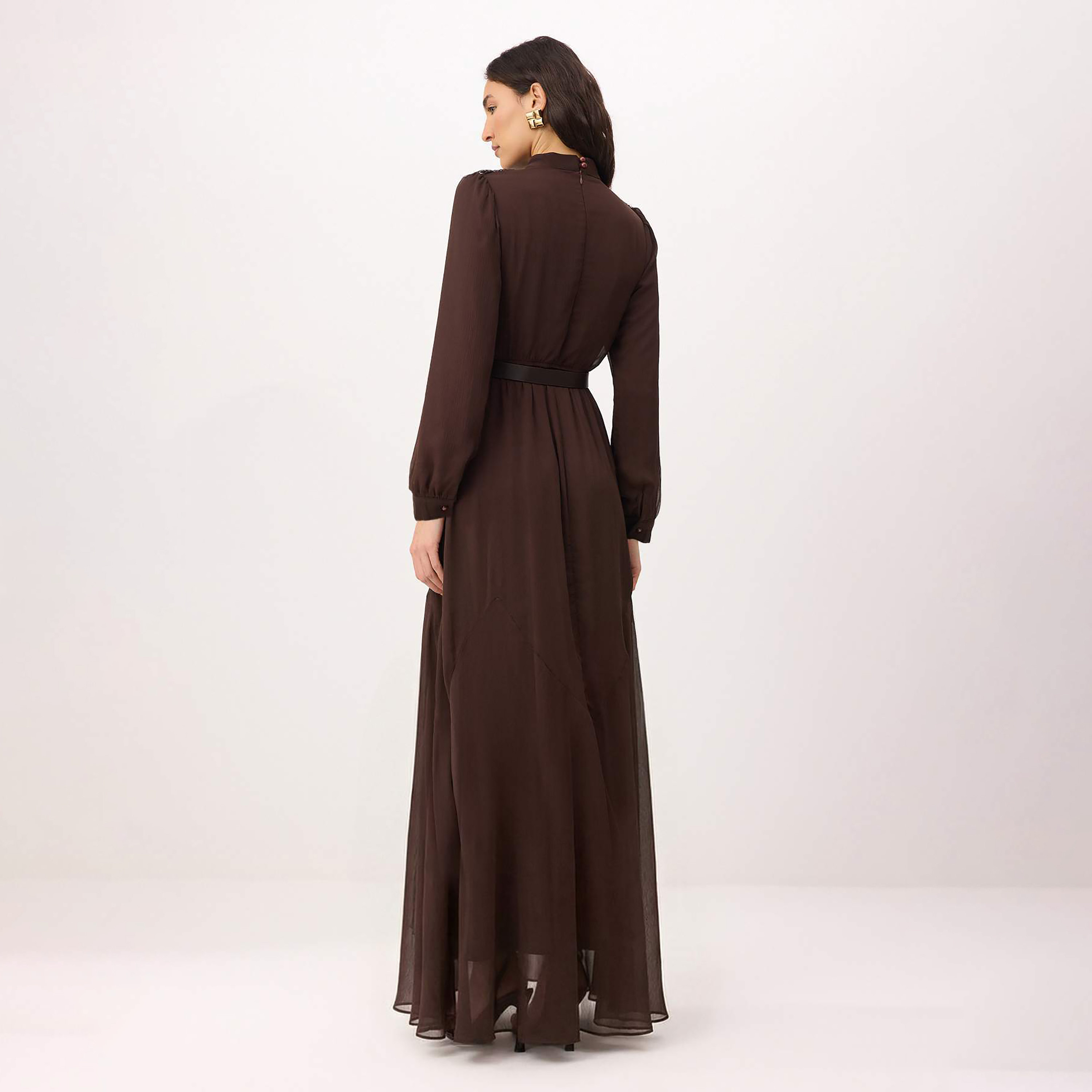 Trendyol Modest Brown Lace Detailed Silk Chiffon High Neck Fit & Flared Women's Maxi Dress-women-clothing-dresses-image-3
