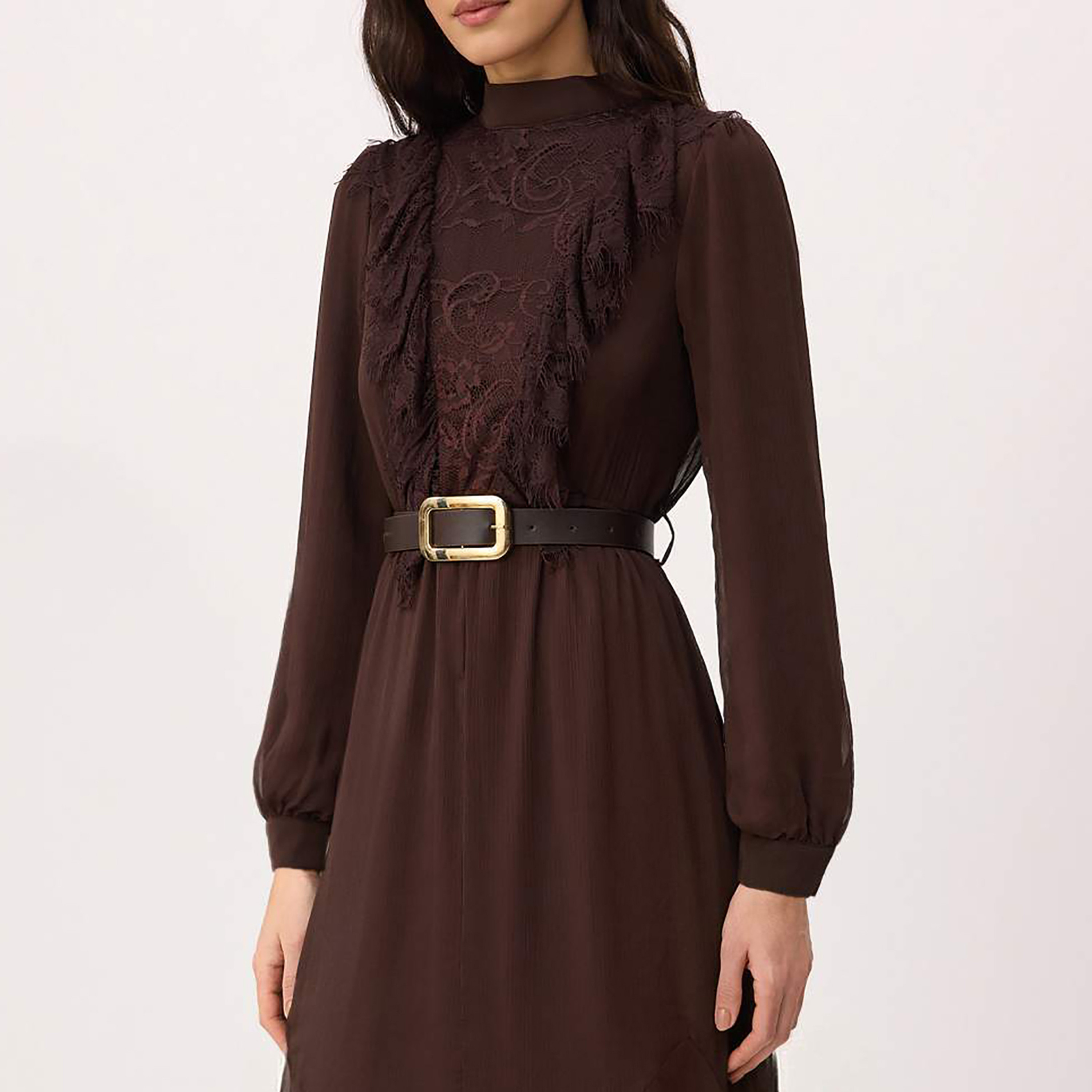 Trendyol Modest Brown Lace Detailed Silk Chiffon High Neck Fit & Flared Women's Maxi Dress-women-clothing-dresses-image-4