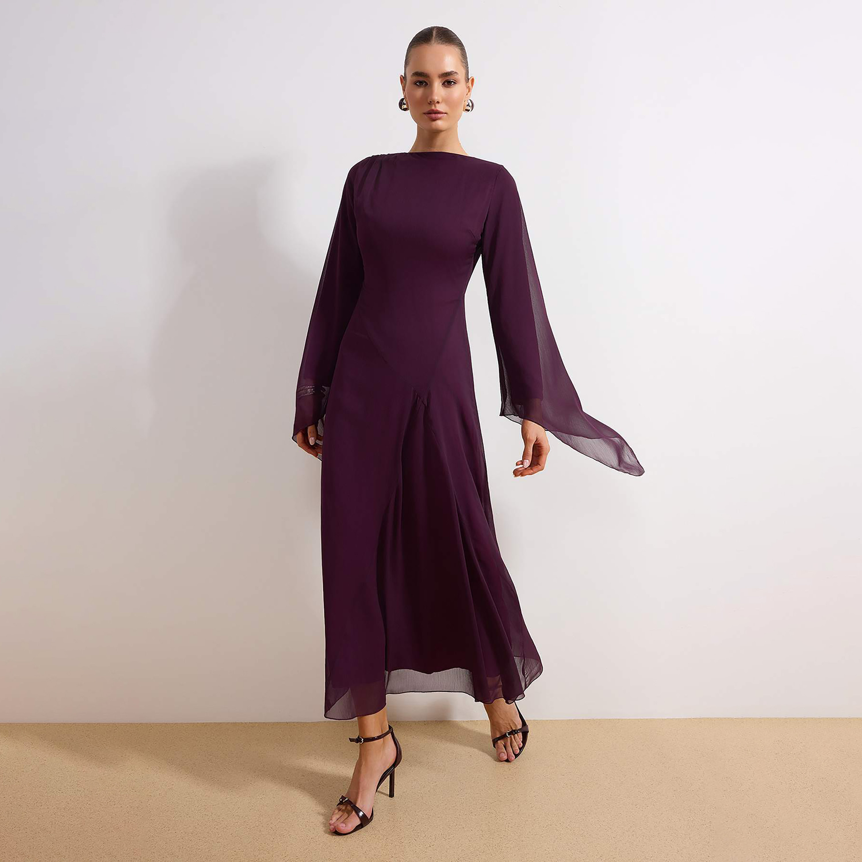 Trendyol Modest Silk Chiffon Flared Sleeves Fit & Flared Women's Maxi Dress-women-clothing-dresses-image-1