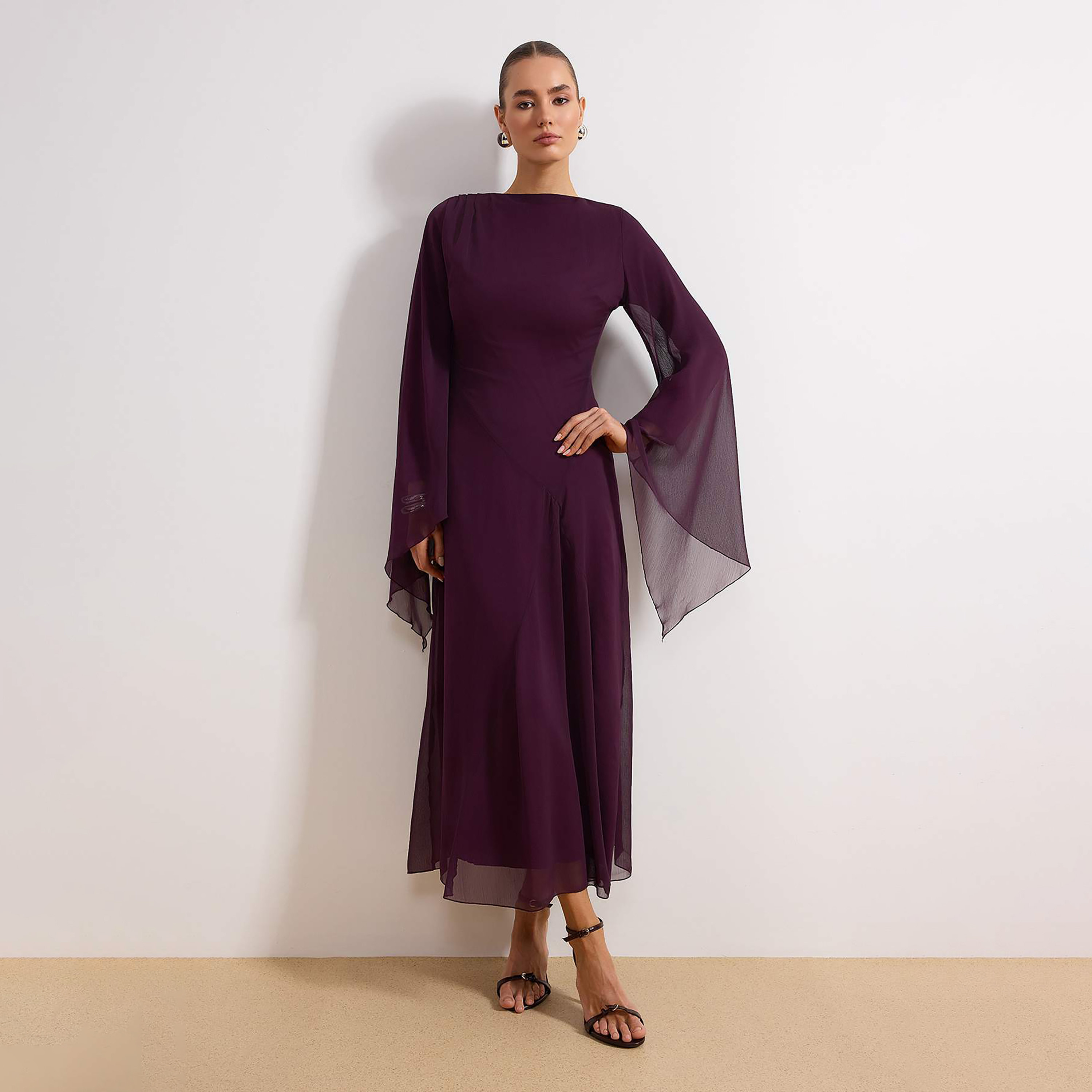 Trendyol Modest Silk Chiffon Flared Sleeves Fit & Flared Women's Maxi Dress-women-clothing-dresses-image-2