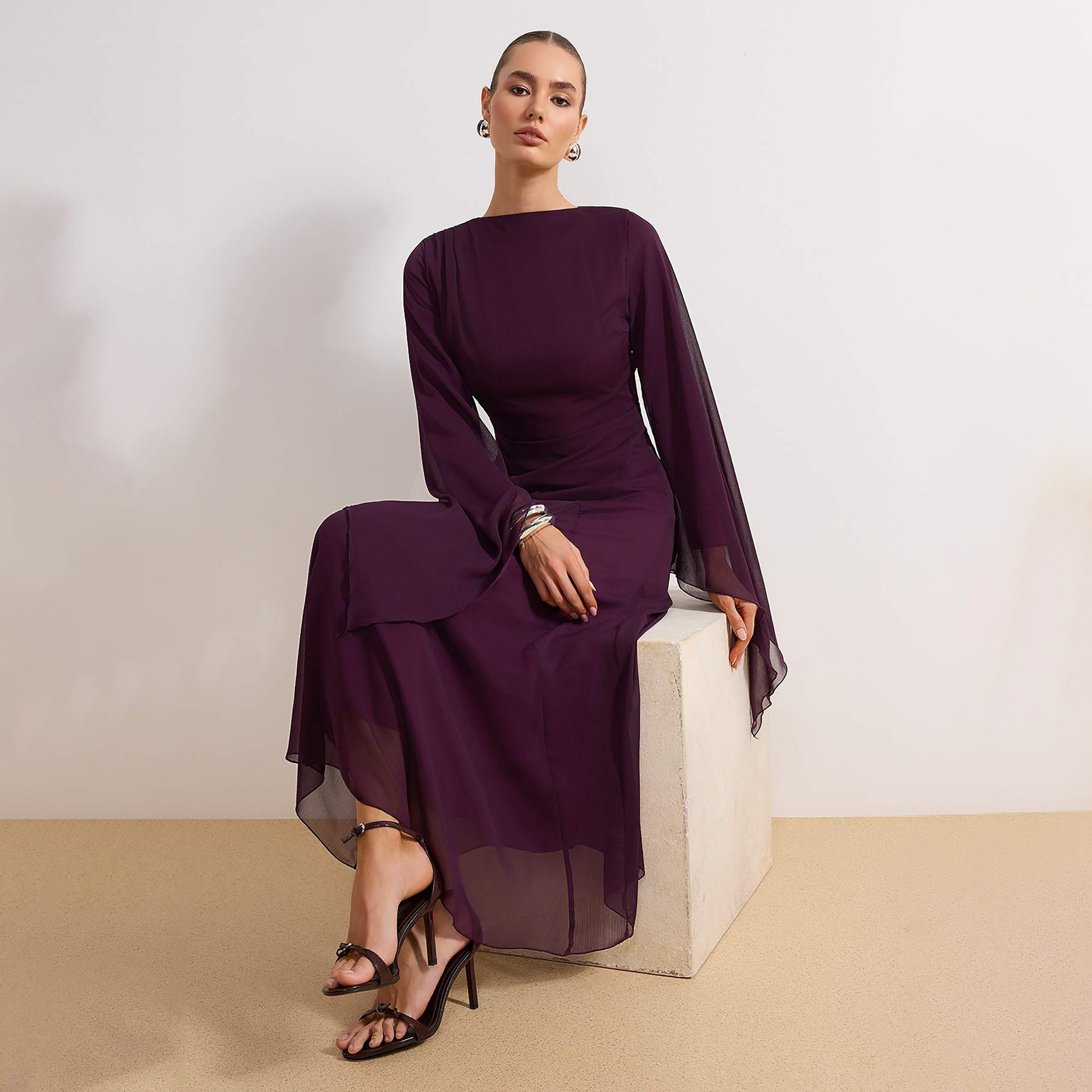 Trendyol Modest Silk Chiffon Flared Sleeves Fit & Flared Women's Maxi Dress-women-clothing-dresses-image-3