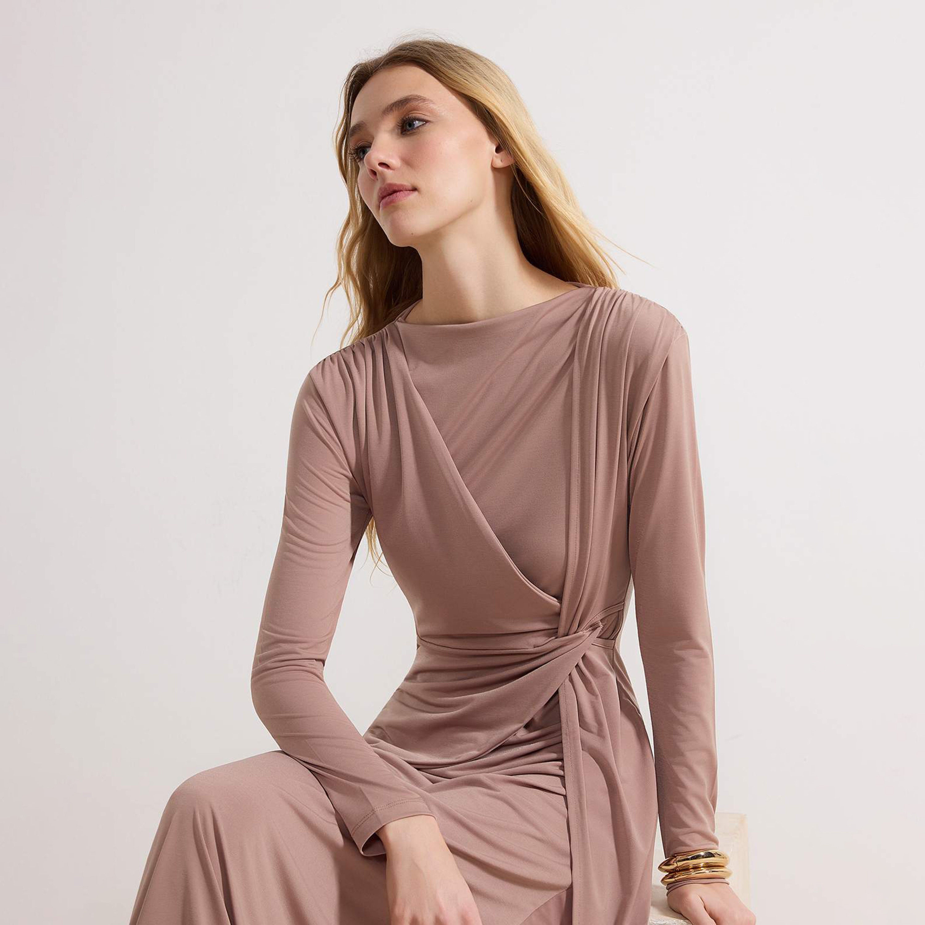 Trendyol Modest Brown Fitted Sleeves Sheath Evening Women's Maxi Dress-women-clothing-dresses-image-2