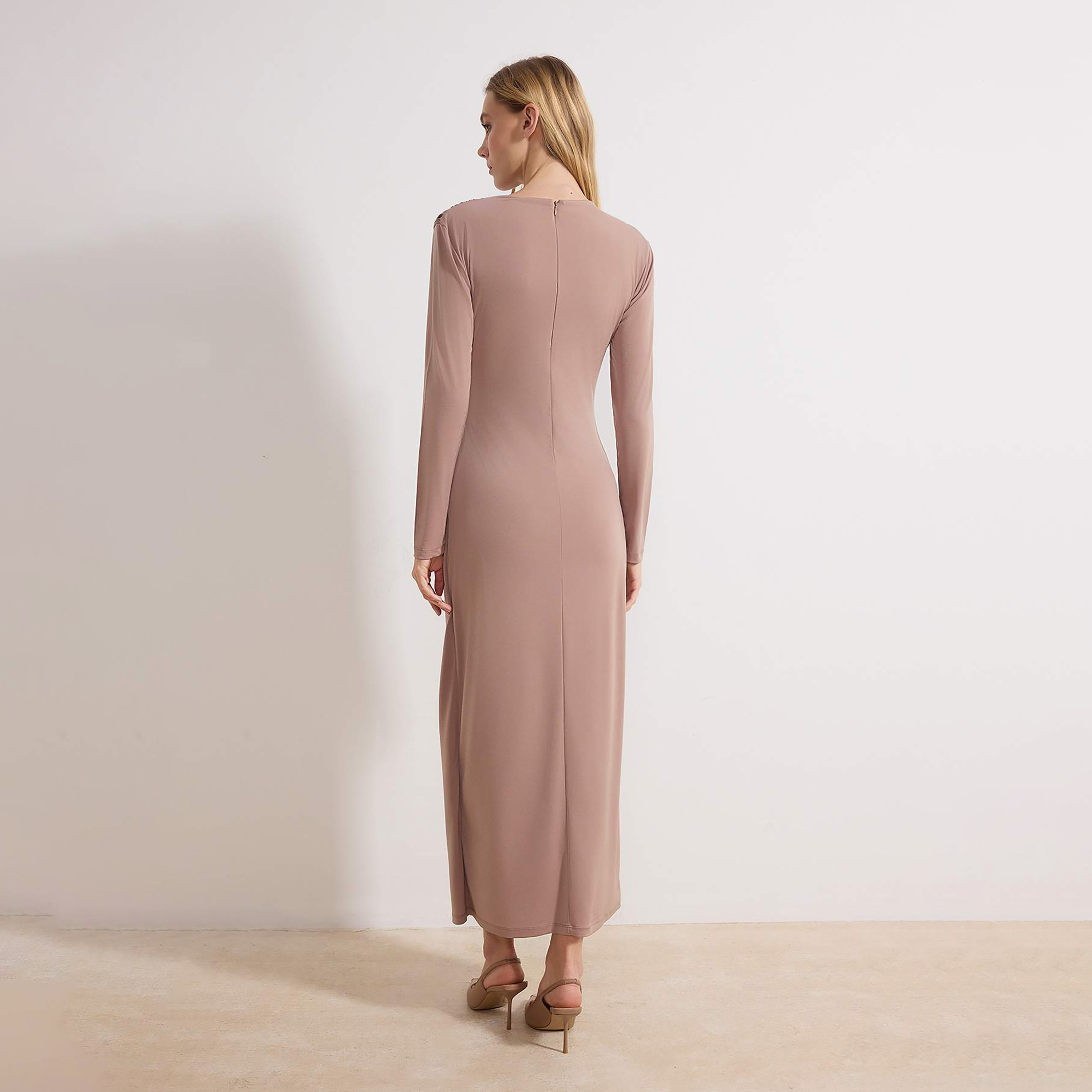 Trendyol Modest Brown Fitted Sleeves Sheath Evening Women's Maxi Dress-women-clothing-dresses-image-3