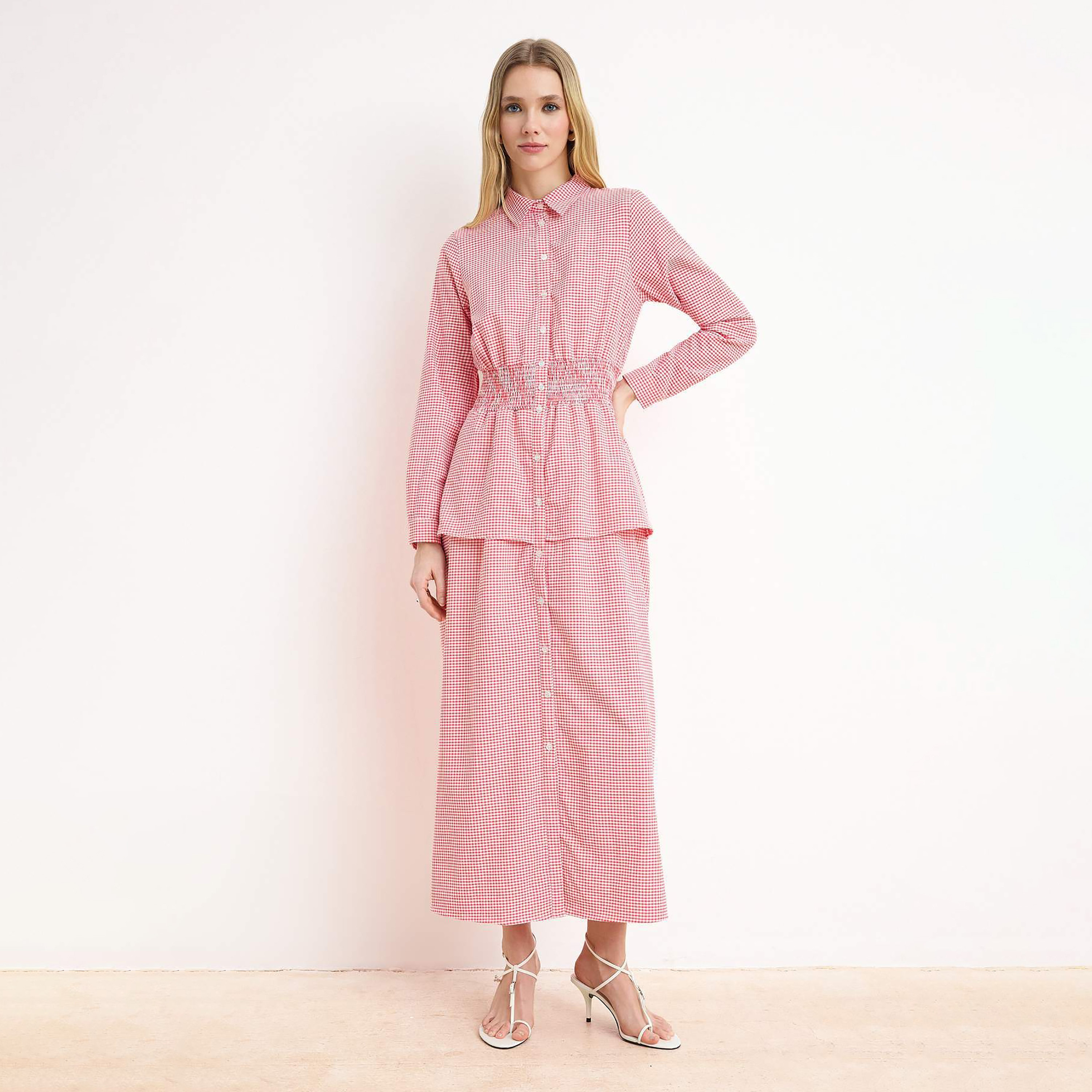 Trendyol Modest Pink Gingham Checked Terrycotton Collared Women's Maxi Peplum Shirt Dress-women-clothing-dresses-image-1