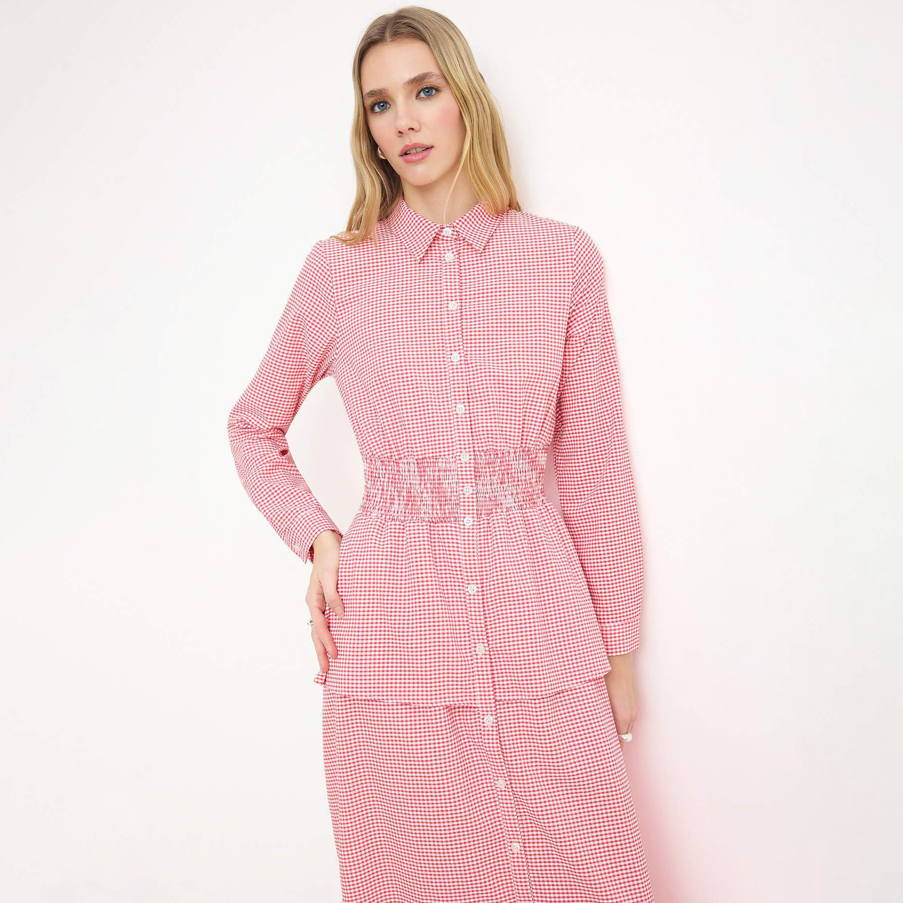 Trendyol Modest Pink Gingham Checked Terrycotton Collared Women's Maxi Peplum Shirt Dress-women-clothing-dresses-image-2
