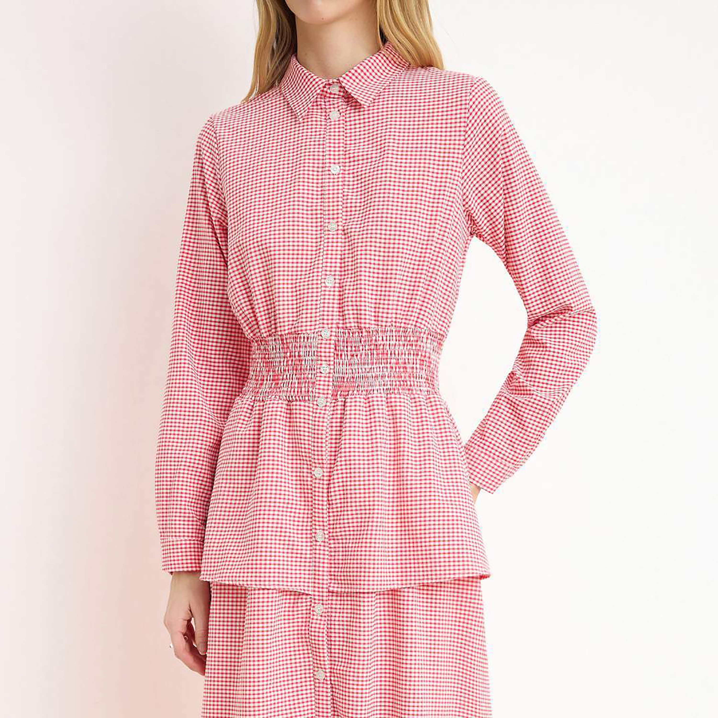 Trendyol Modest Pink Gingham Checked Terrycotton Collared Women's Maxi Peplum Shirt Dress-women-clothing-dresses-image-4
