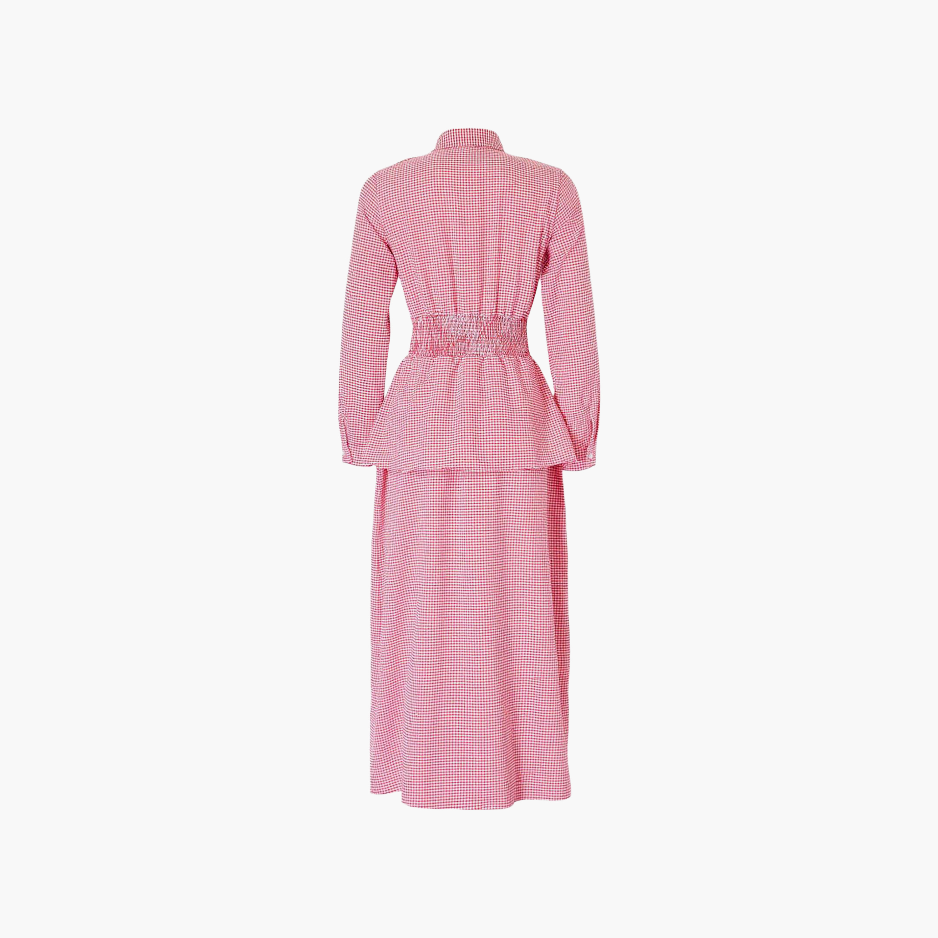 Trendyol Modest Pink Gingham Checked Terrycotton Collared Women's Maxi Peplum Shirt Dress-women-clothing-dresses-image-5