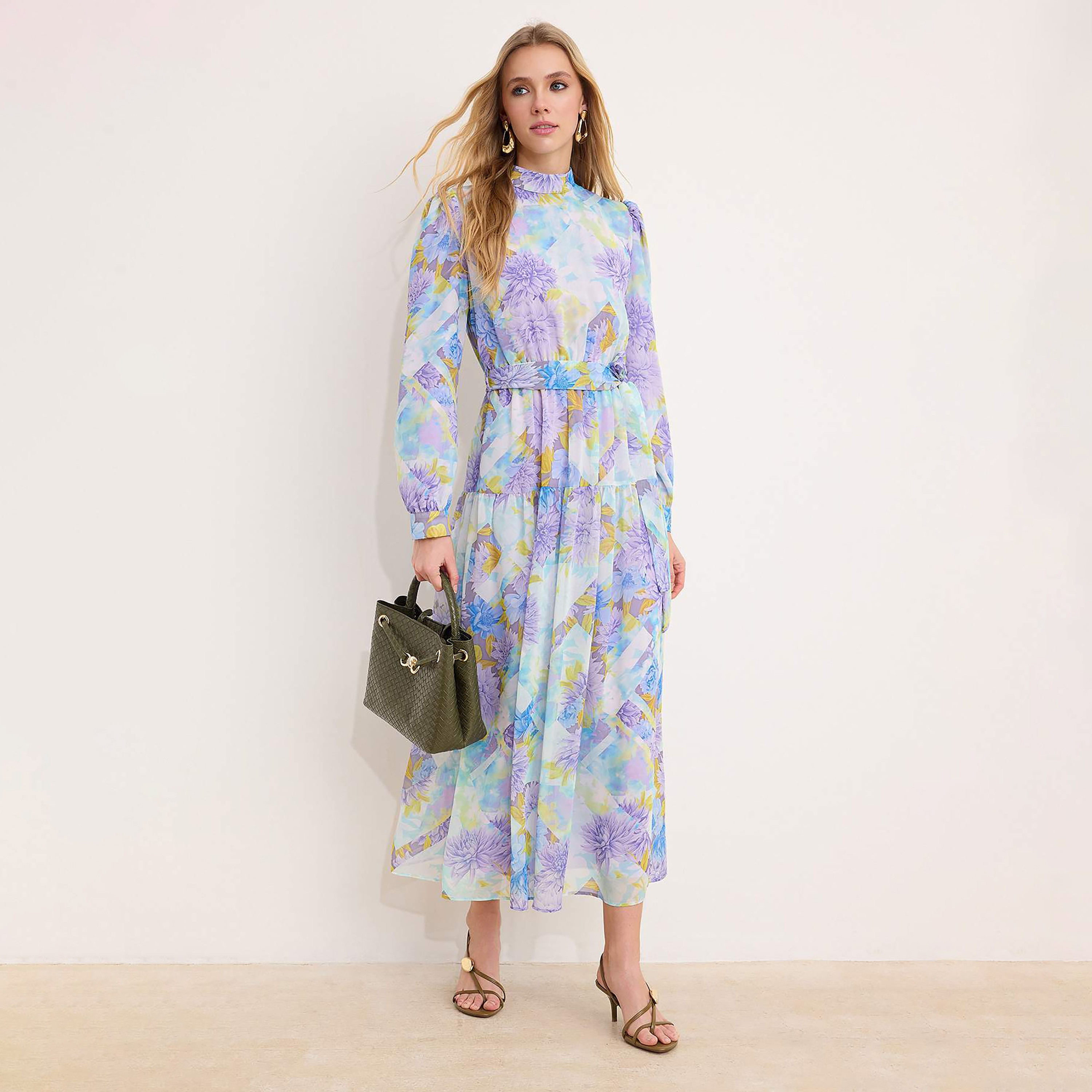Trendyol Modest Purple Floral Print Silk Chiffon High Neck Cuffed Sleeves Tiered Women's Maxi Dress-women-clothing-dresses-image-1