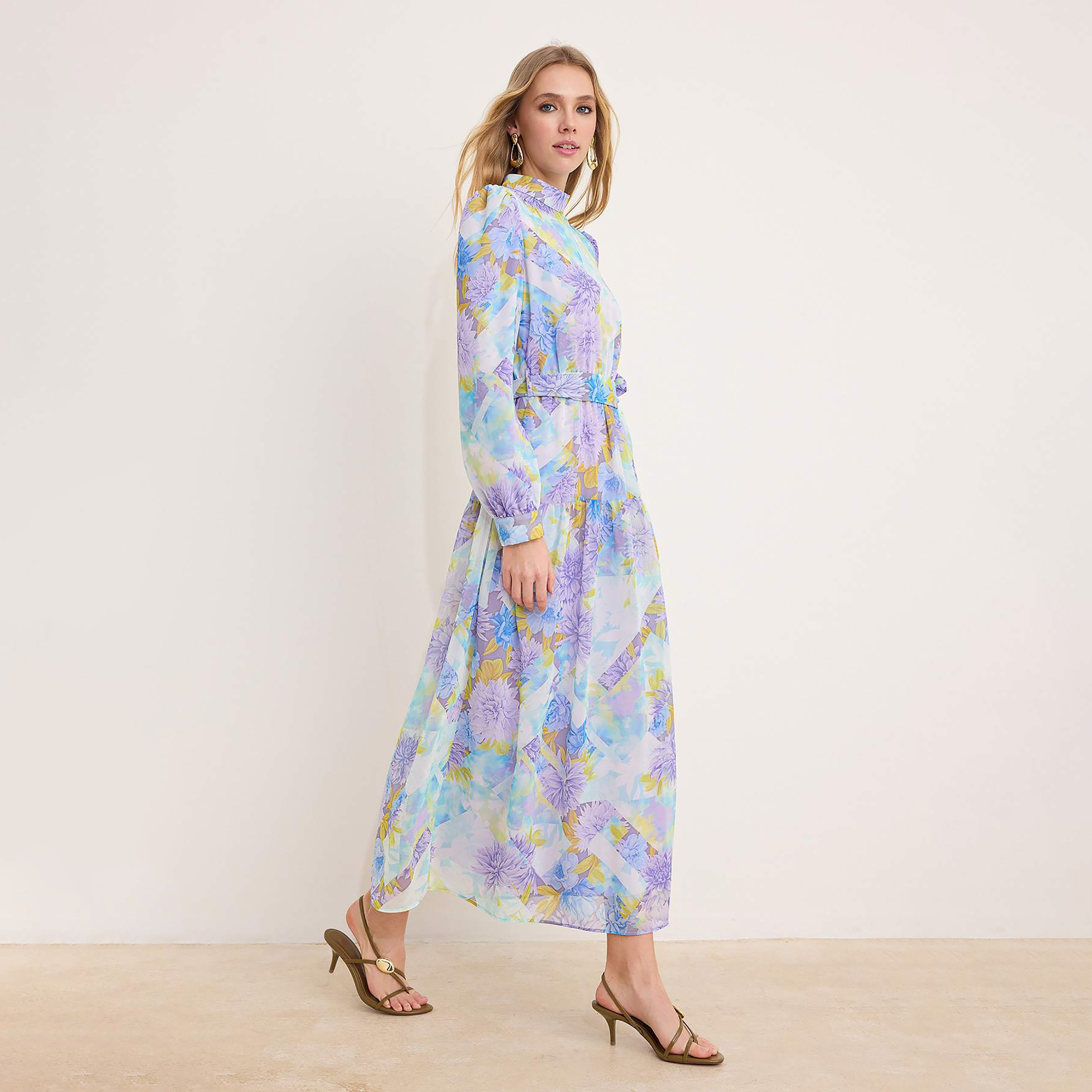 Trendyol Modest Purple Floral Print Silk Chiffon High Neck Cuffed Sleeves Tiered Women's Maxi Dress-women-clothing-dresses-image-2