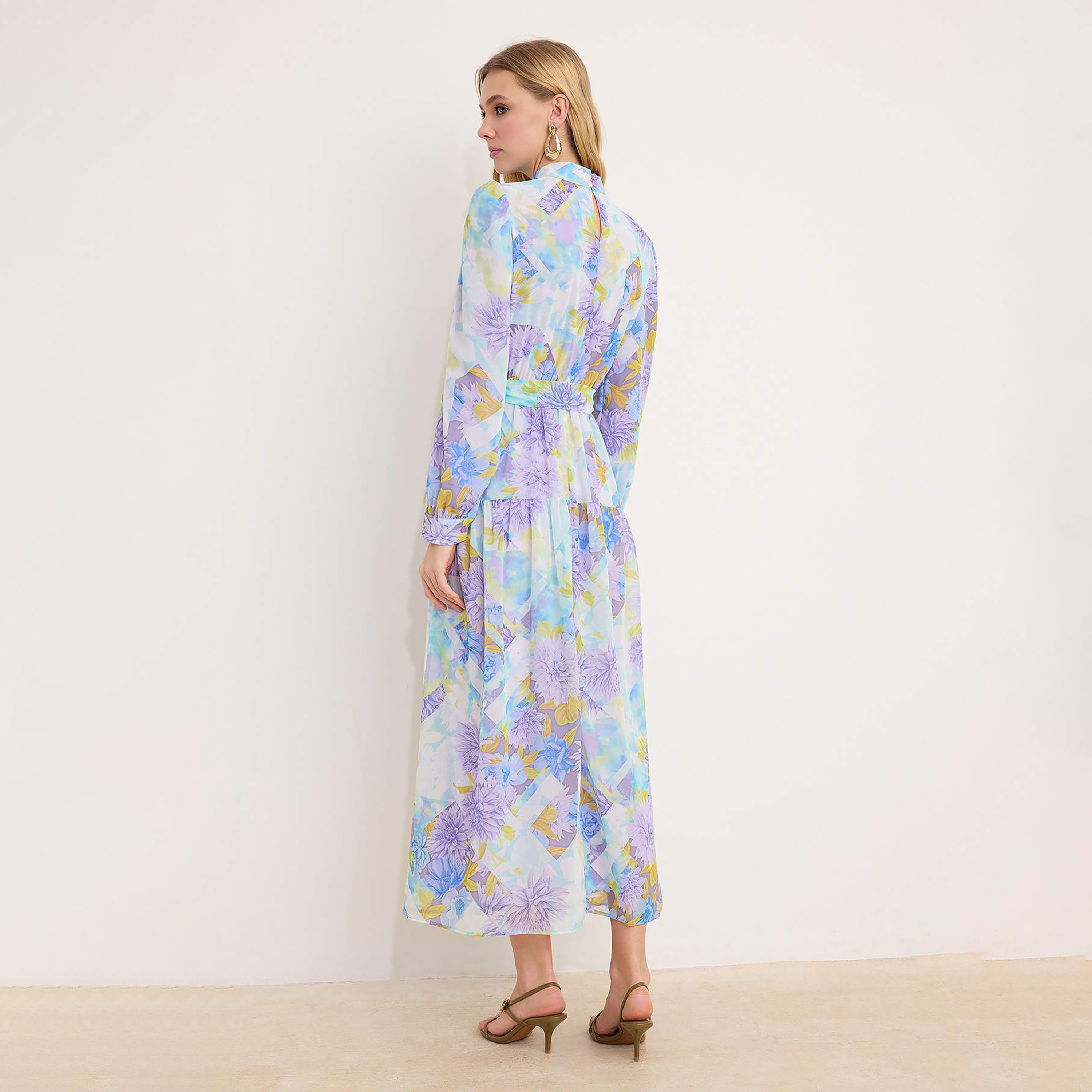 Trendyol Modest Purple Floral Print Silk Chiffon High Neck Cuffed Sleeves Tiered Women's Maxi Dress-women-clothing-dresses-image-3