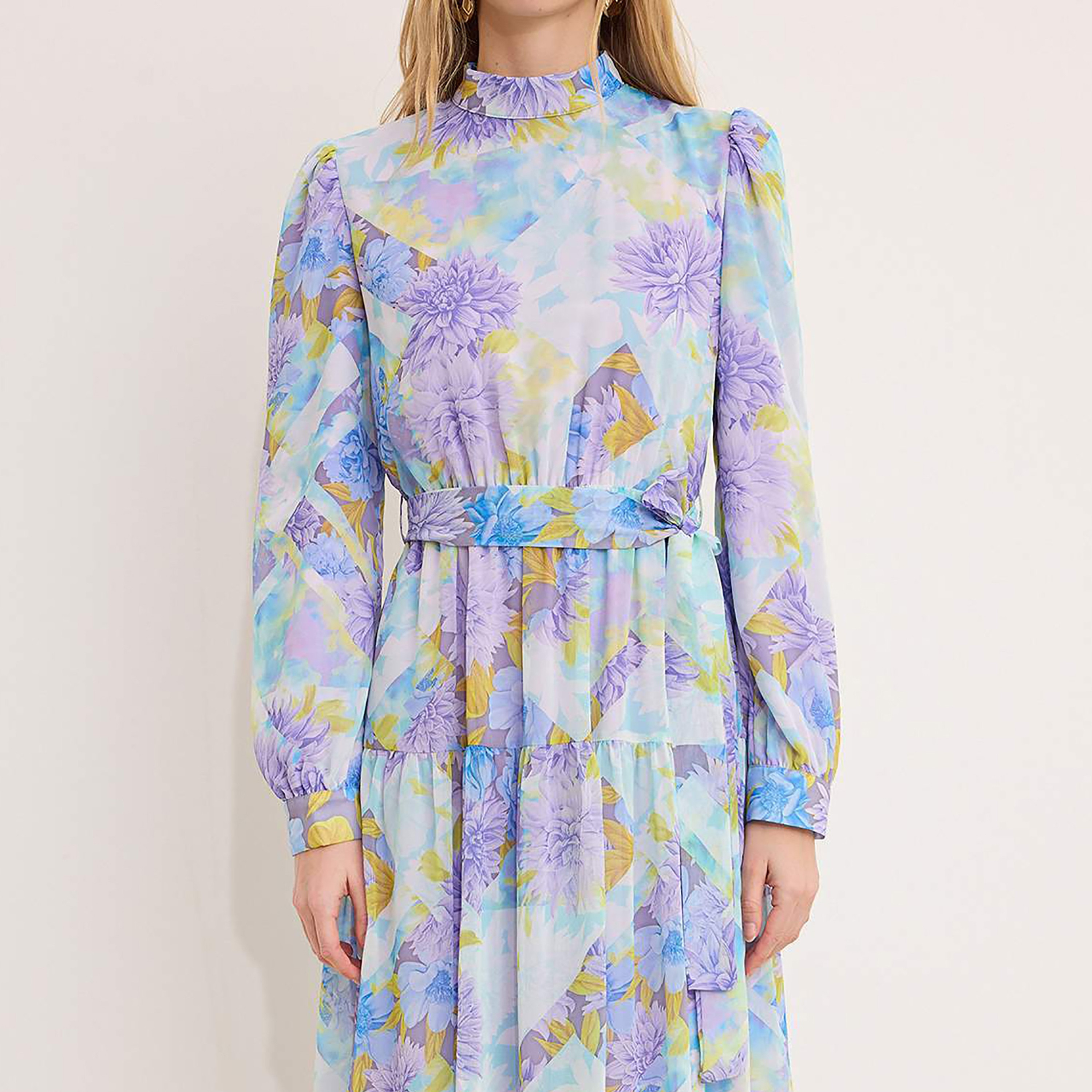 Trendyol Modest Purple Floral Print Silk Chiffon High Neck Cuffed Sleeves Tiered Women's Maxi Dress-women-clothing-dresses-image-4