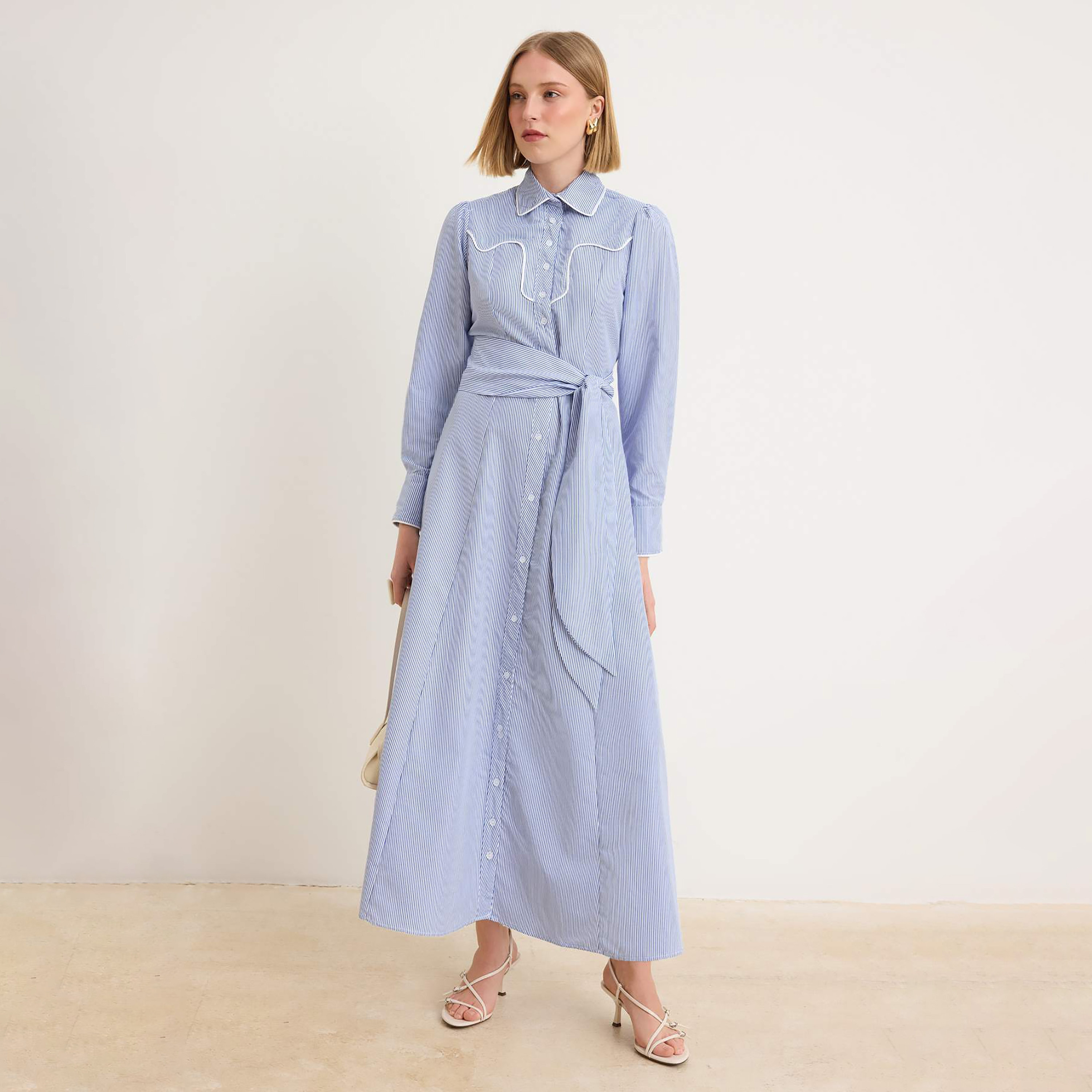 Trendyol Modest Blue Striped Terrycotton Collared Women's Maxi Shirt Dress-women-clothing-dresses-image-1
