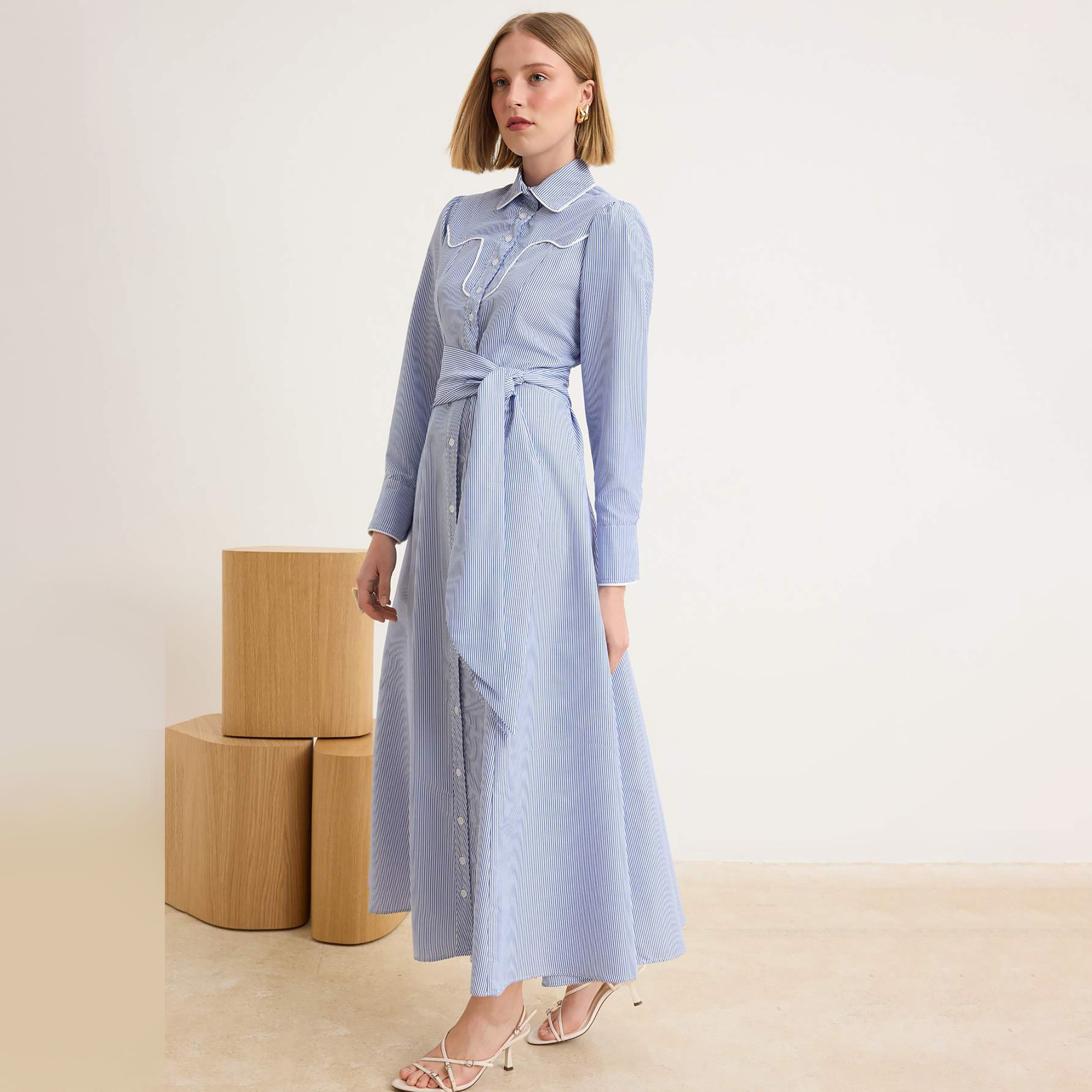 Trendyol Modest Blue Striped Terrycotton Collared Women's Maxi Shirt Dress-women-clothing-dresses-image-2