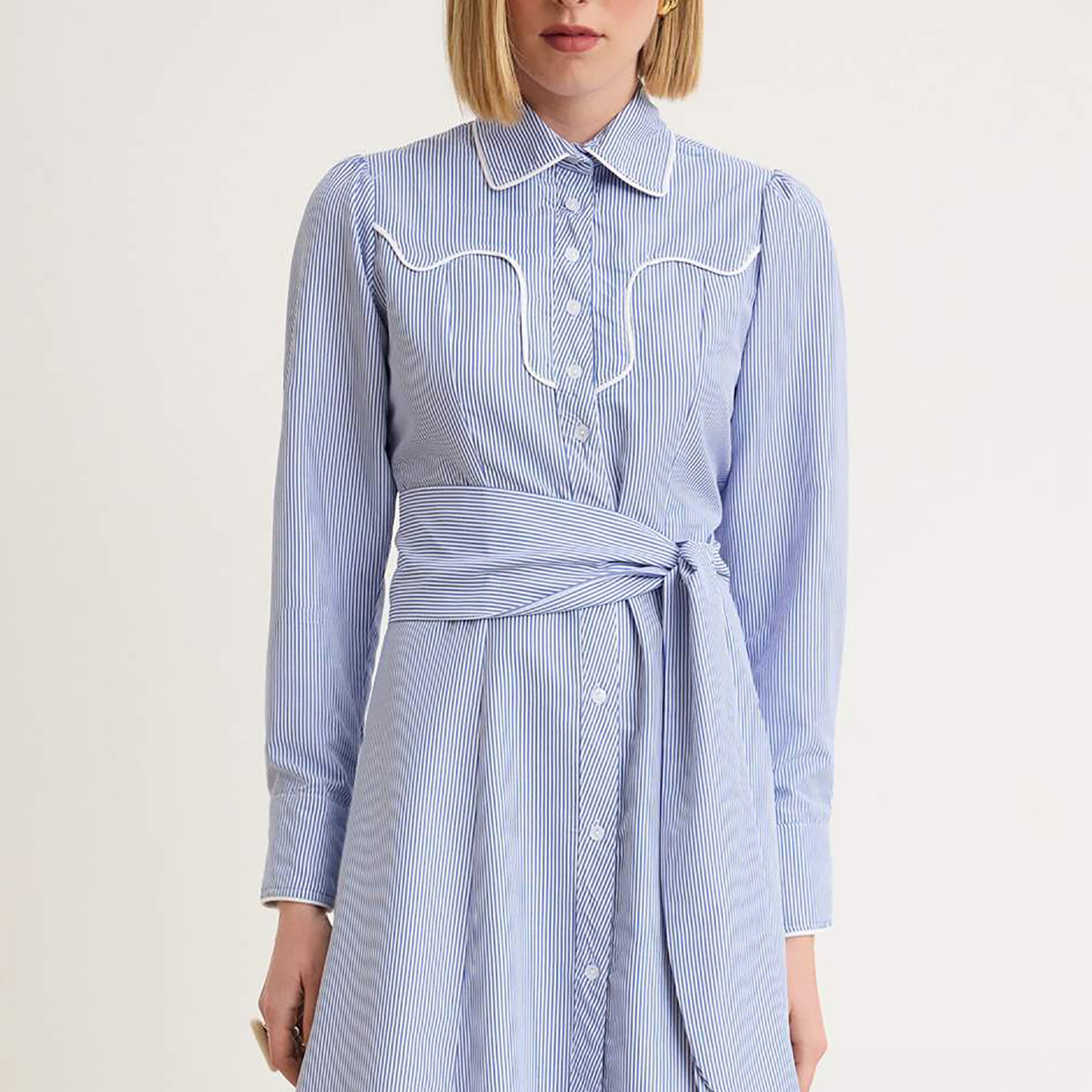 Trendyol Modest Blue Striped Terrycotton Collared Women's Maxi Shirt Dress-women-clothing-dresses-image-4