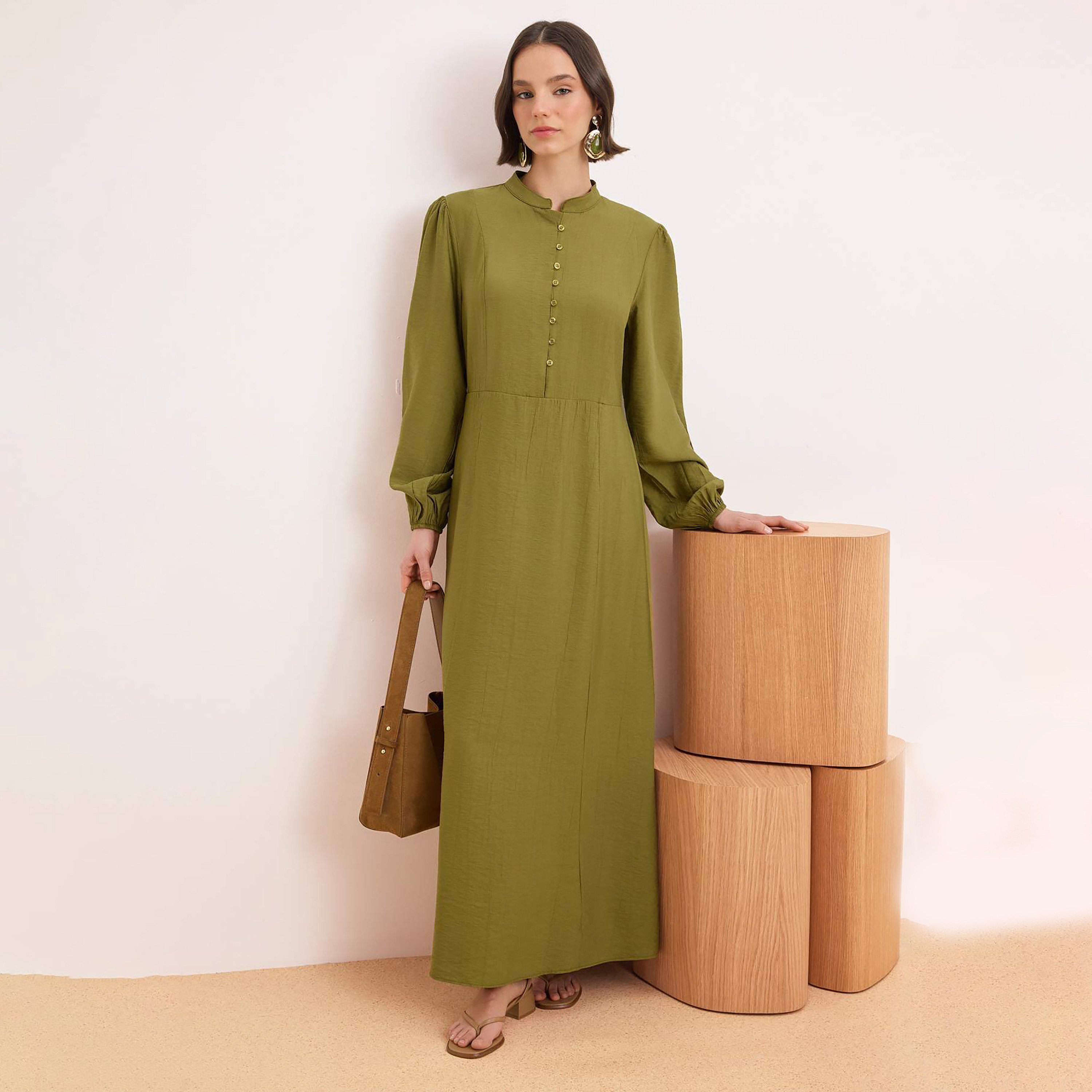 Trendyol Modest Green Mandarin Collar Women's Maxi Dress-women-clothing-dresses-image-1