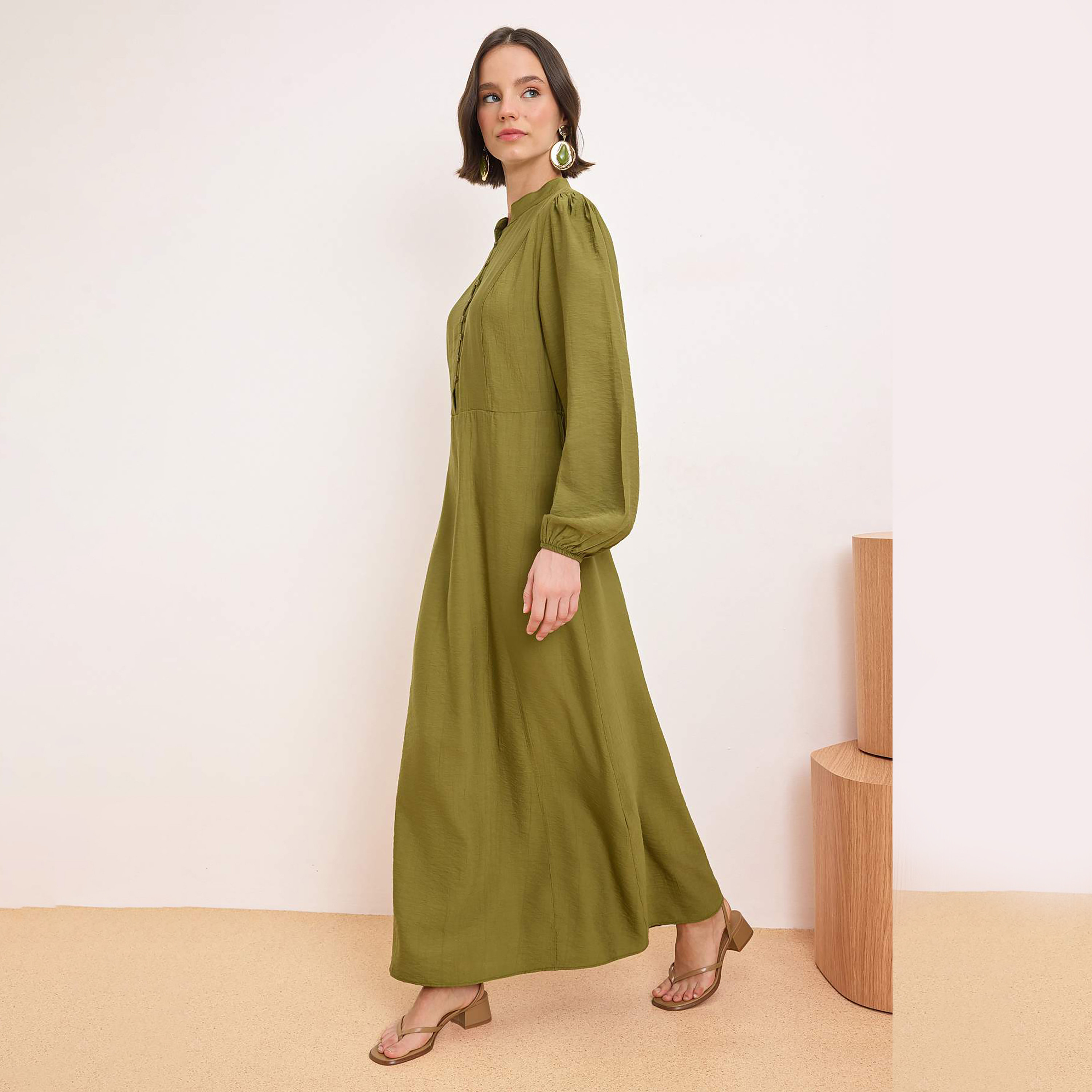 Trendyol Modest Green Mandarin Collar Women's Maxi Dress-women-clothing-dresses-image-2