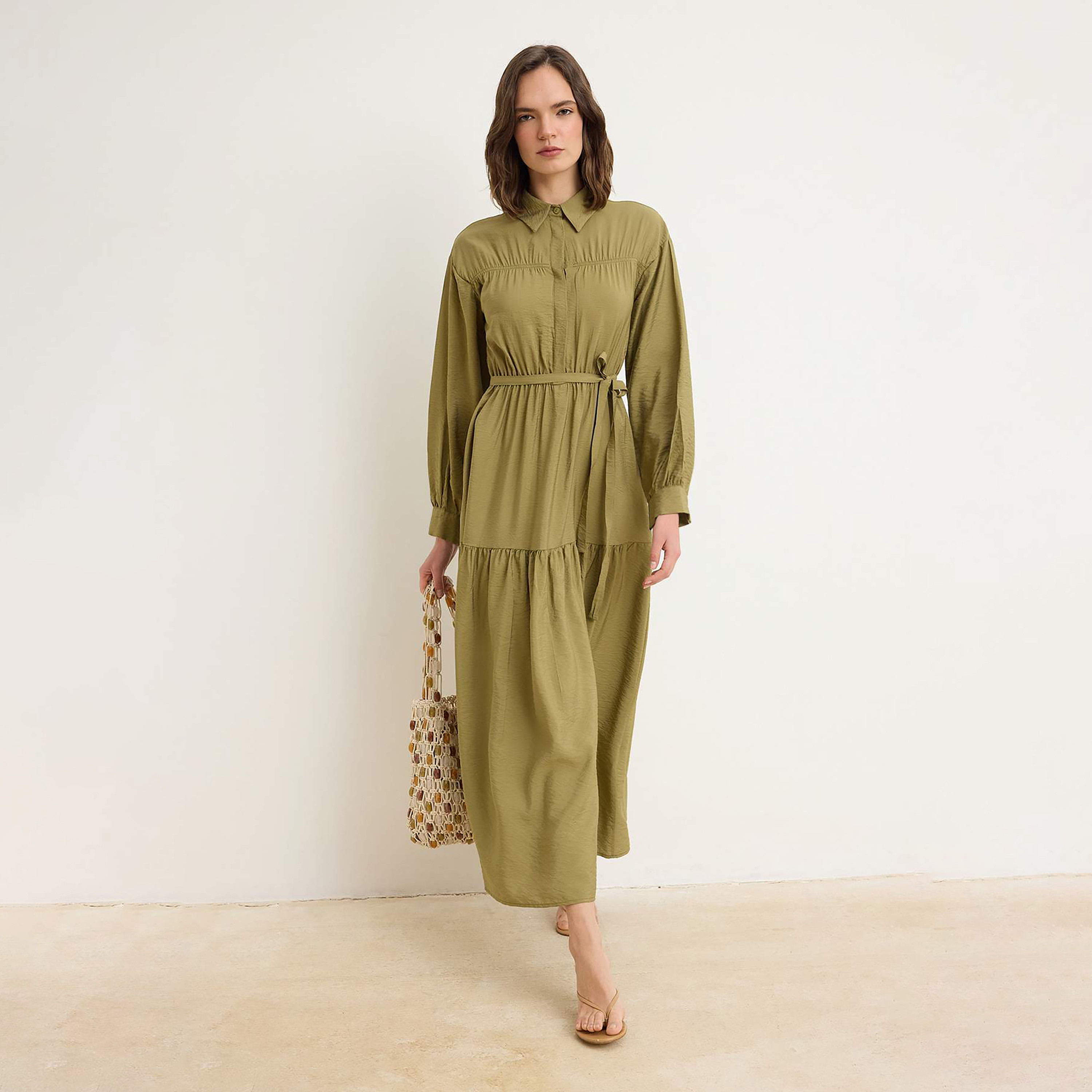 Trendyol Modest Green Gathered Collared Cuffed Sleeves Tiered Women's Maxi Dress-women-clothing-dresses-image-1