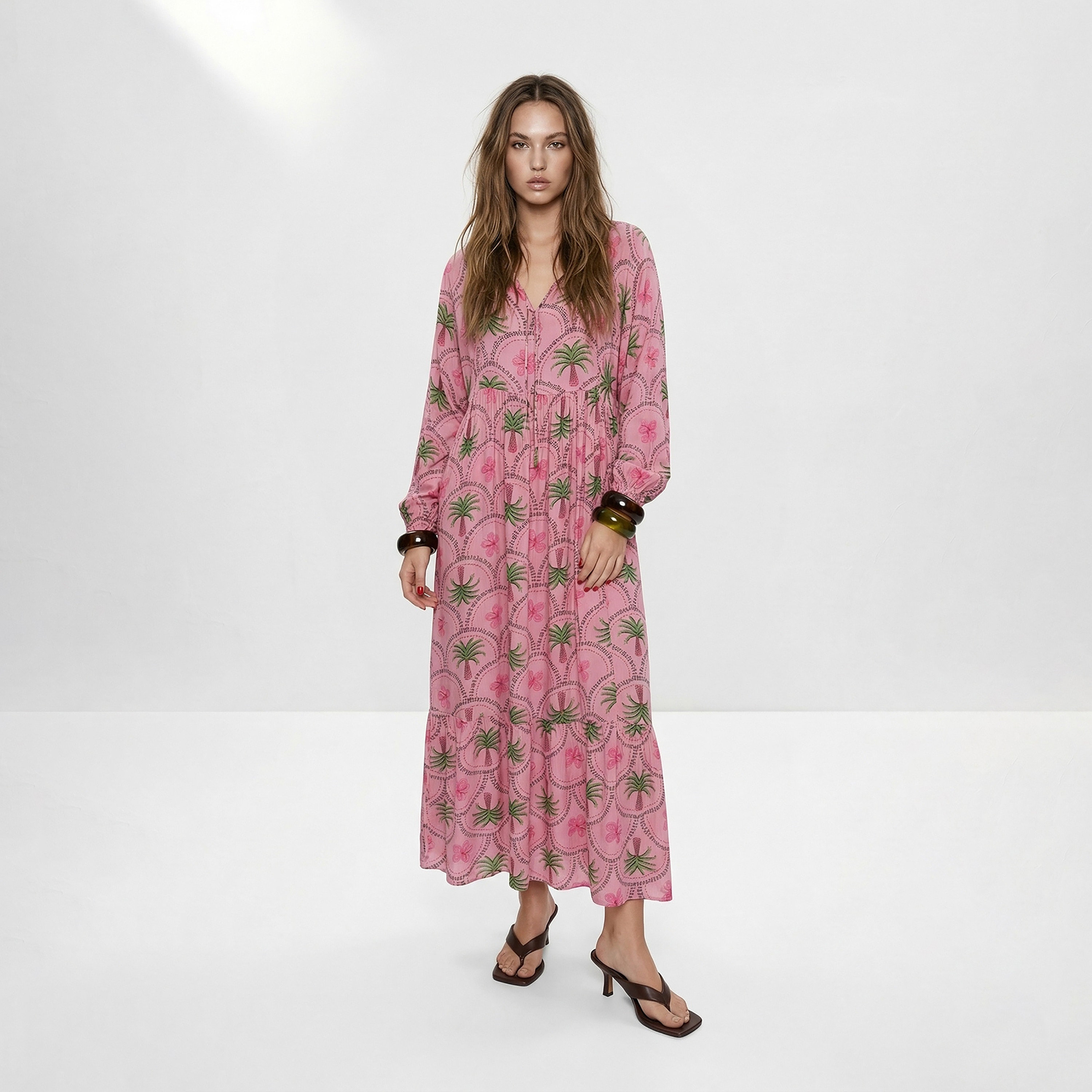 Trendyol Modest Pink Tropical Floral Print Tiered Women's Maxi Dress-women-clothing-dresses-image-1
