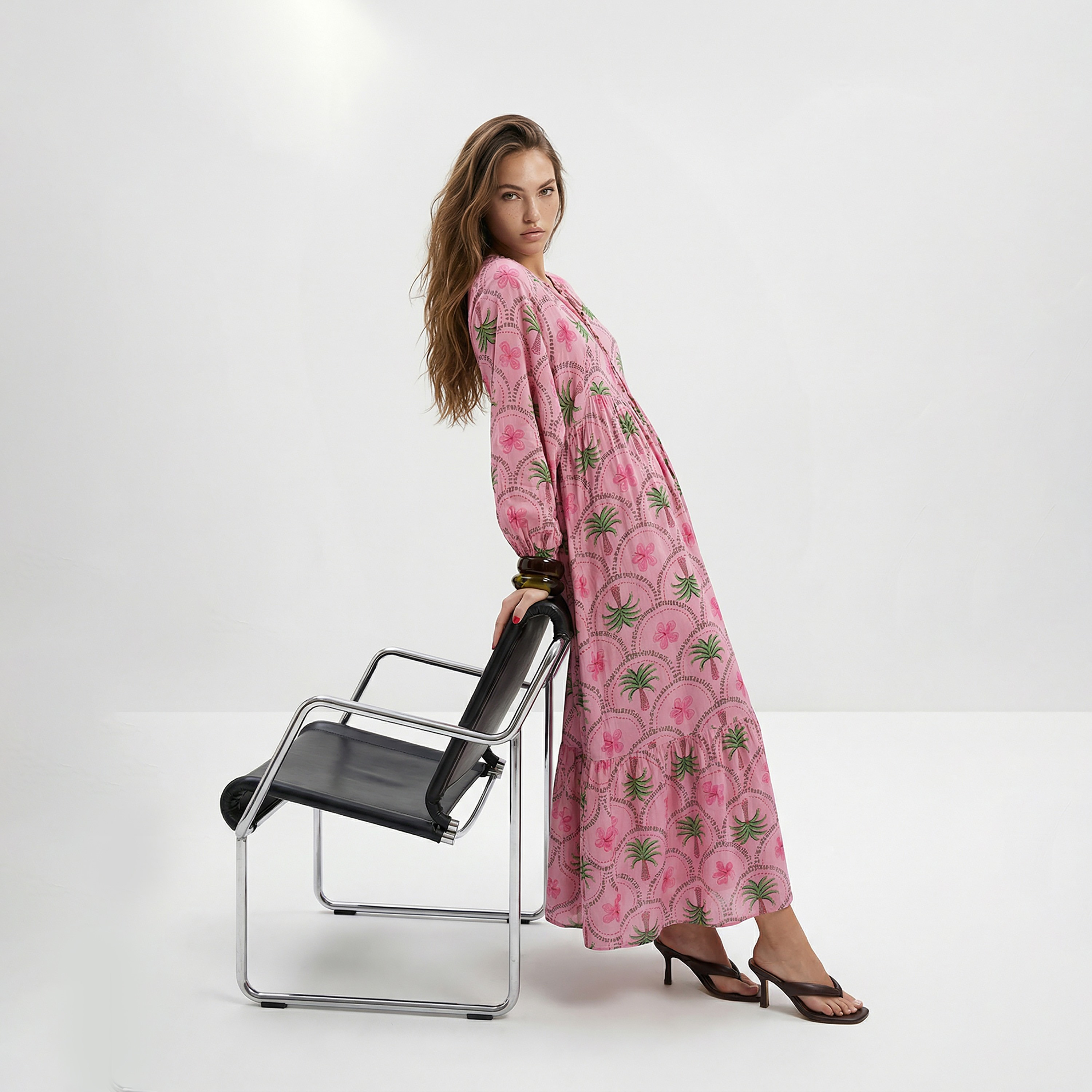 Trendyol Modest Pink Tropical Floral Print Tiered Women's Maxi Dress-women-clothing-dresses-image-3