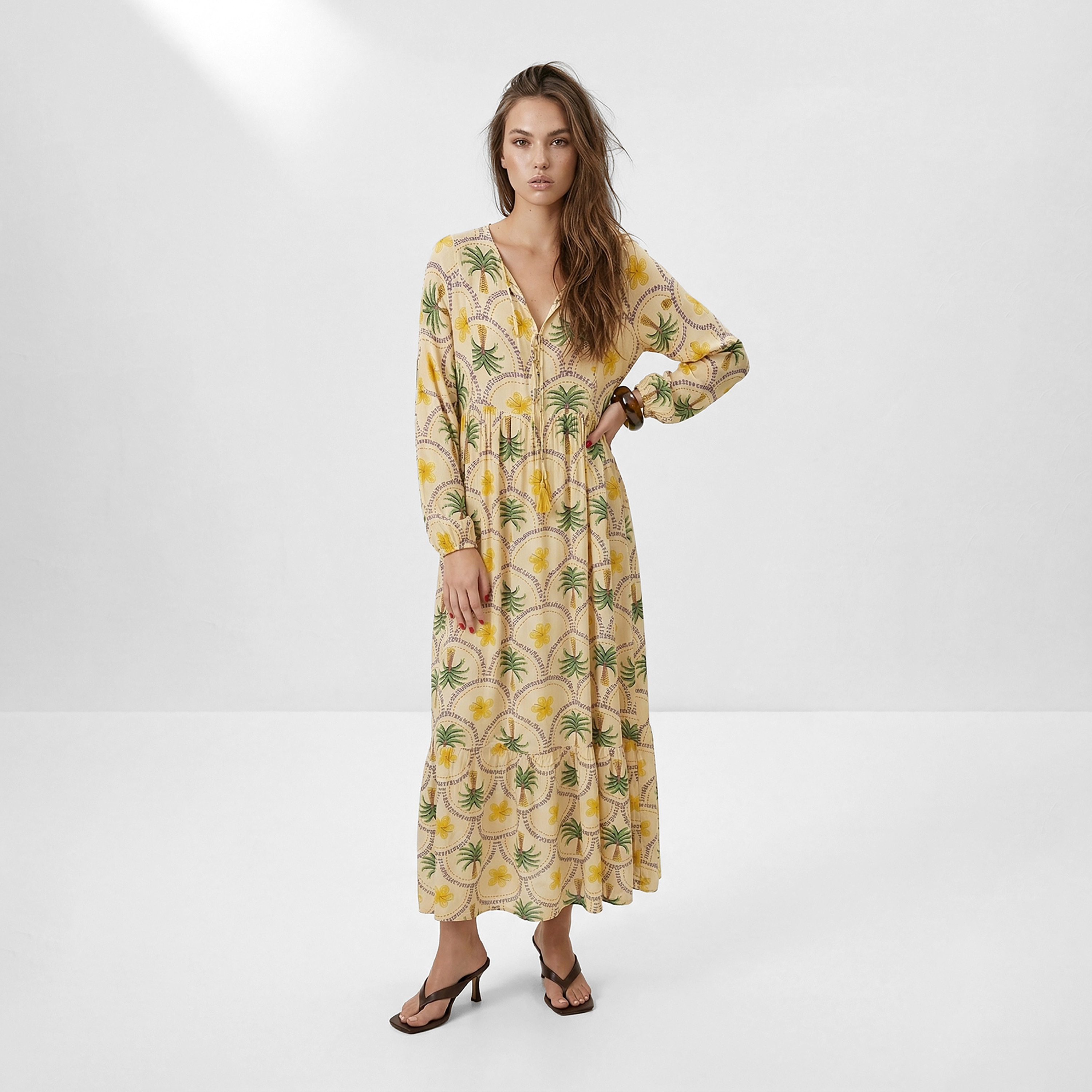 Modest Pink Tropical Floral Print Tiered Women's Maxi Dress-women-clothing-dresses-image-1