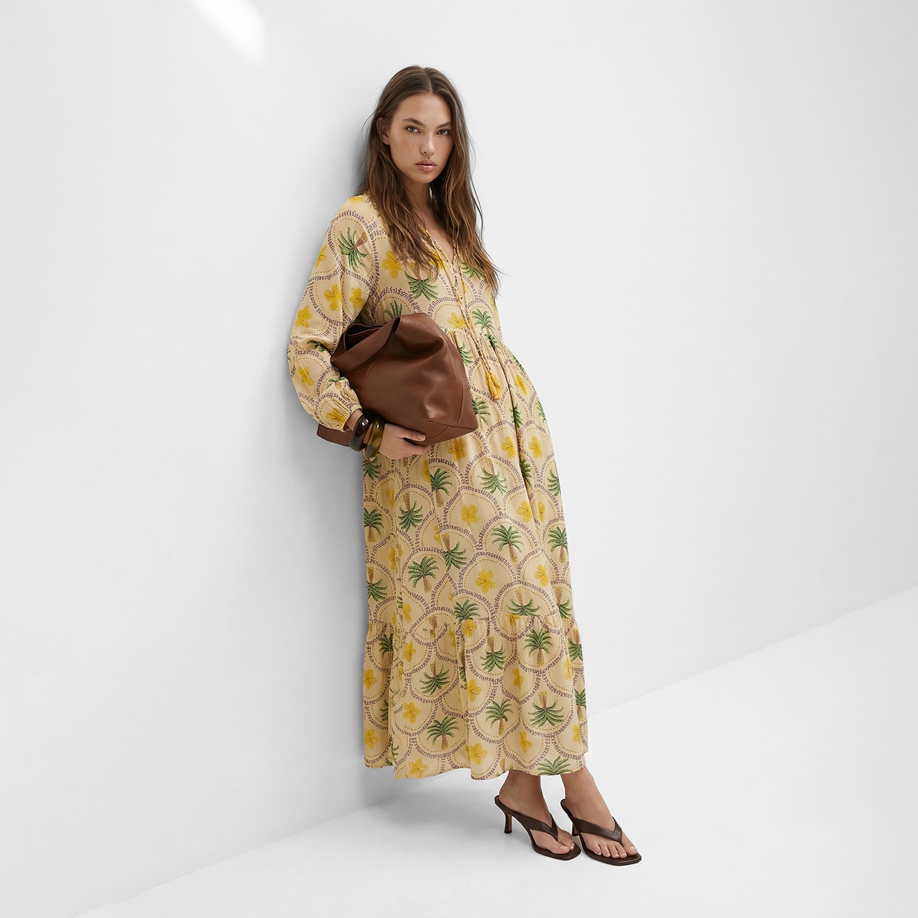 Modest Pink Tropical Floral Print Tiered Women's Maxi Dress-women-clothing-dresses-image-2