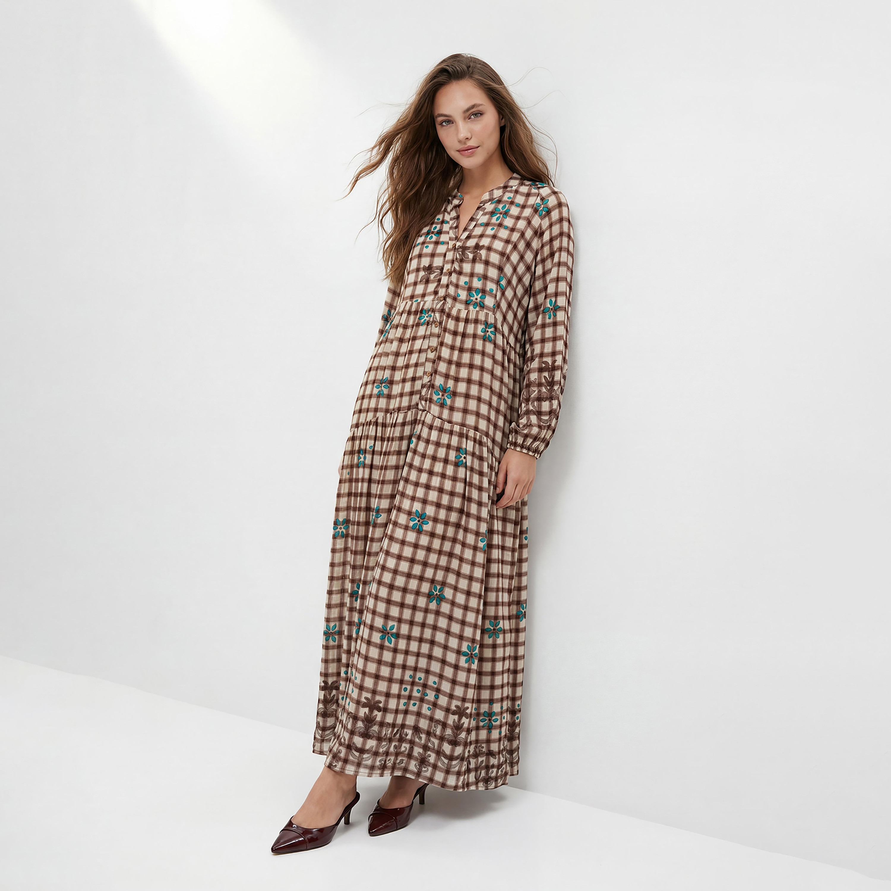 Trendyol Modest Brown Checked Mandarin Collar Elastic Cuffed Tiered Women's Maxi Dress-women-clothing-dresses-image-1